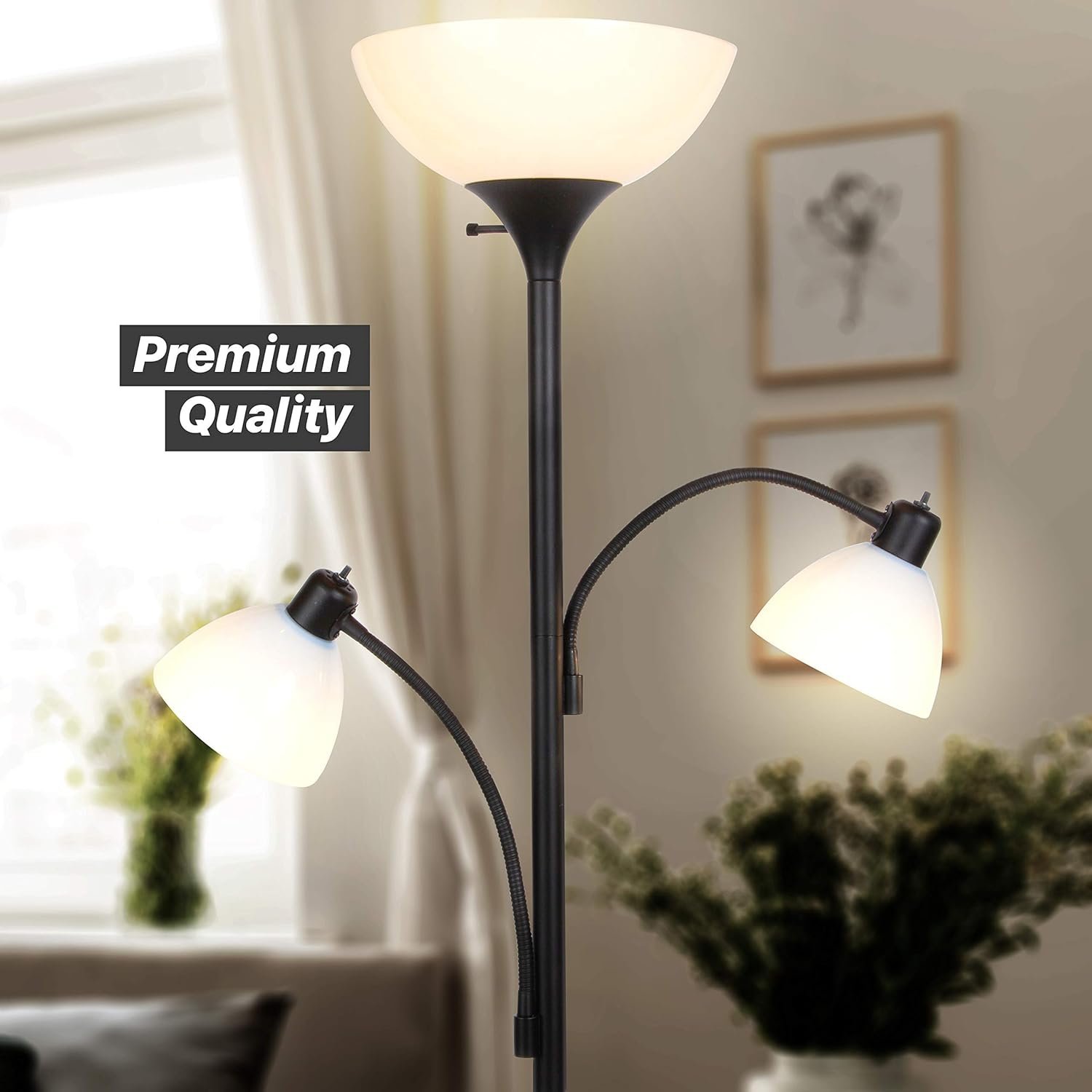 Brightech Sky Dome Double LED Floor lamp, Torchiere Super Bright Floor Lamp with 2 Reading Lamps for Living Rooms & Offices - Dimmable Tall Standing Lamp for Bedroom Reading - Tall Black Pole 2 Brightech Sky Dome Double LED Floor lamp, Torchiere Super Bright Floor Lamp with 2 Reading Lamps for Living Rooms & Offices - Dimmable Tall Standing Lamp for Bedroom Reading - Tall Black Pole - Image 2