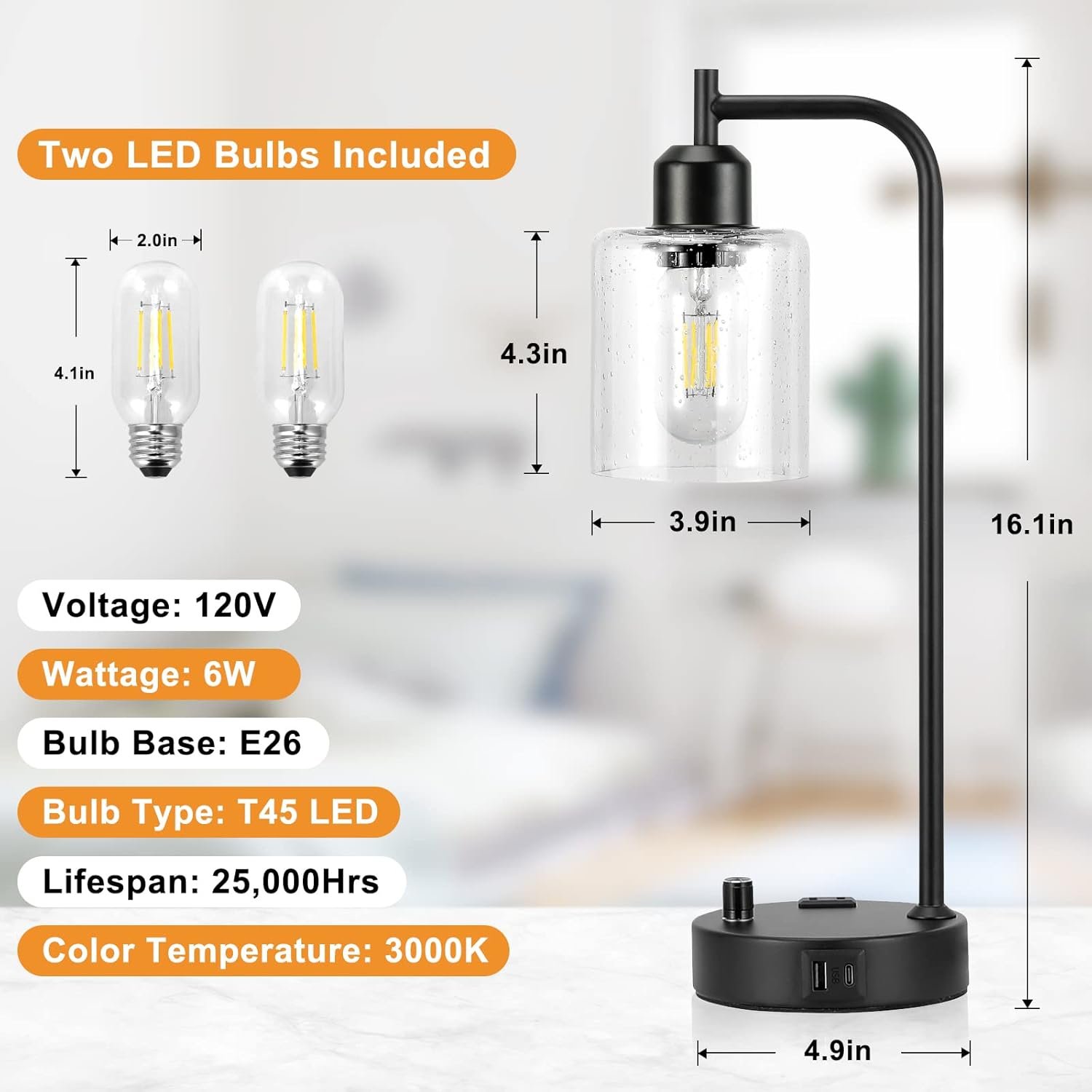 Industrial Table Lamps for Bedrooms Set of 2 - Fully Dimmable Bedside Lamps with USB A and C Ports and Outlet, Black Nightstand Lamps with Glass Shade for Living Room, Desk Lamps for Office Reading 2 Industrial Table Lamps for Bedrooms Set of 2 - Fully Dimmable Bedside Lamps with USB A and C Ports and Outlet, Black Nightstand Lamps with Glass Shade for Living Room, Desk Lamps for Office Reading - Image 2