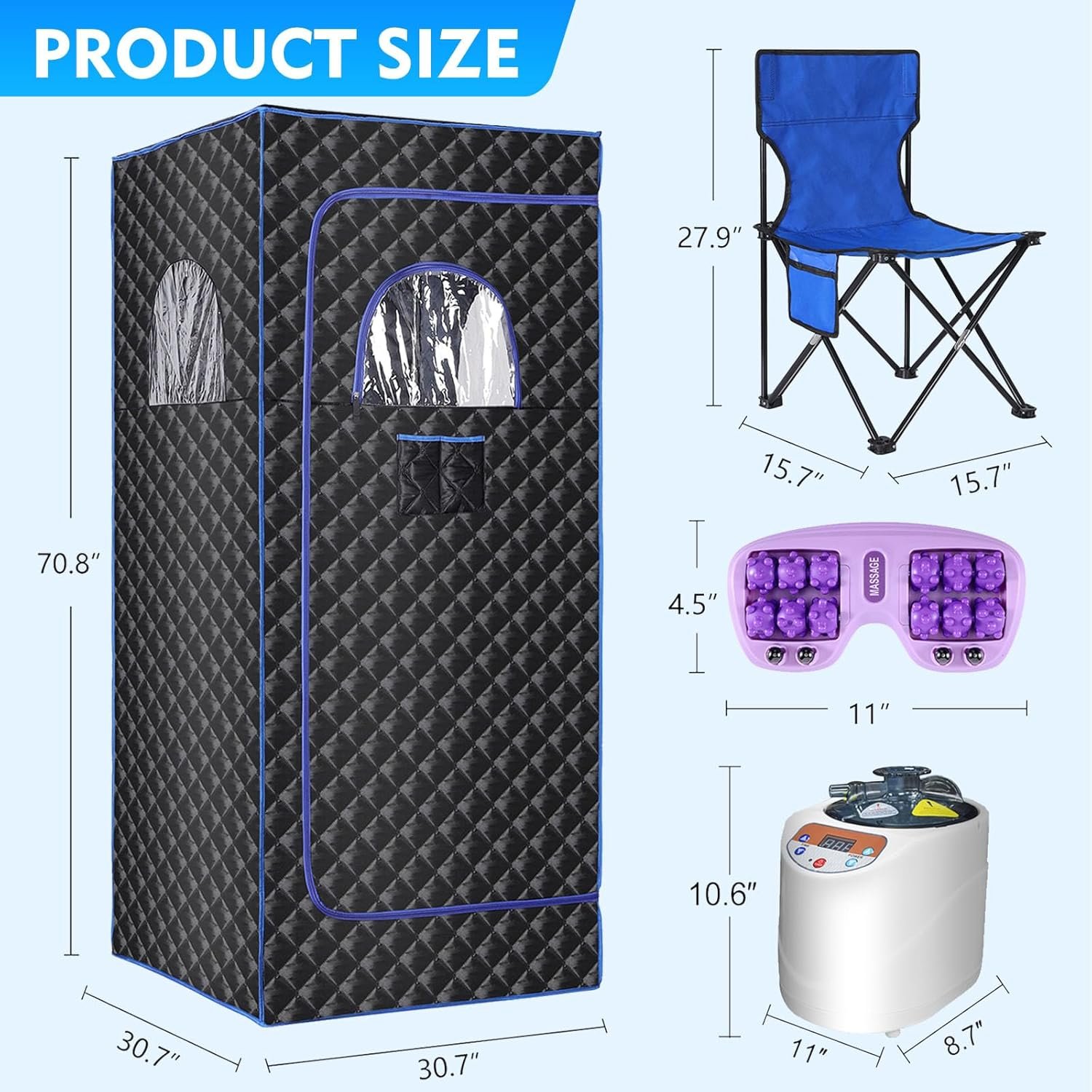 Portable Sauna Box,Steam Sauna Tent for Home Spa,Large Space Personal Home Sauna Tent Full Body with 3 L 1100 w Steamer,Chair,Foot Massager,Remote Control Included (Black) 6 Portable Sauna Box,Steam Sauna Tent for Home Spa,Large Space Personal Home Sauna Tent Full Body with 3 L 1100 w Steamer,Chair,Foot Massager,Remote Control Included (Black) - Image 6