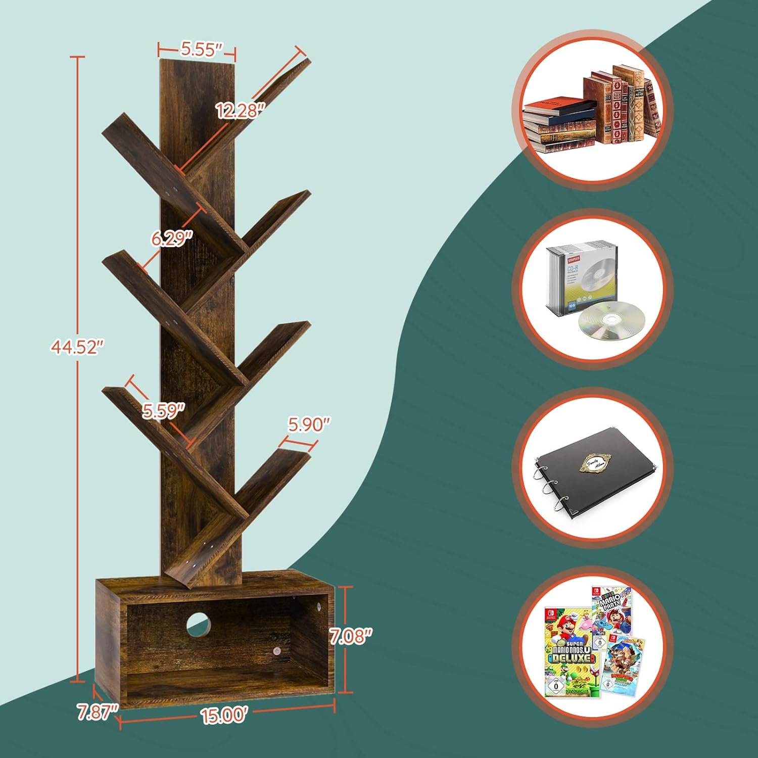 Yoobure Tree Bookshelf - 6 Shelf Retro Floor Standing Bookcase, Tall Wood Book Storage Rack for CDs/Movies/Books, Utility Book Organizer Shelves for Bedroom, Living Room, Home Office 3 Yoobure Tree Bookshelf - 6 Shelf Retro Floor Standing Bookcase, Tall Wood Book Storage Rack for CDs/Movies/Books, Utility Book Organizer Shelves for Bedroom, Living Room, Home Office - Image 3