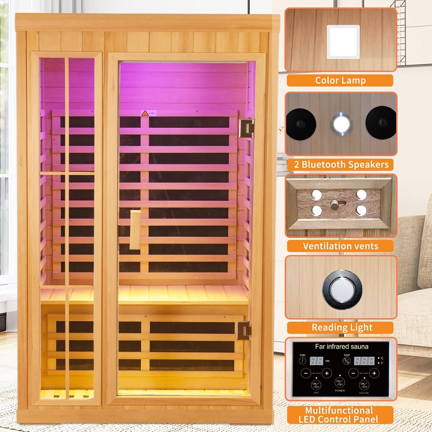 1 to 2 Person Infrared Sauna,Hemlock Wood Low EMF FAR Dry Sauna Indoor Saunas for The Home, with Colored Lights 1350W,Room:75.59 * 35.82 * 40Inch 5 1 to 2 Person Infrared Sauna,Hemlock Wood Low EMF FAR Dry Sauna Indoor Saunas for The Home, with Colored Lights 1350W,Room:75.59 * 35.82 * 40Inch - Image 5