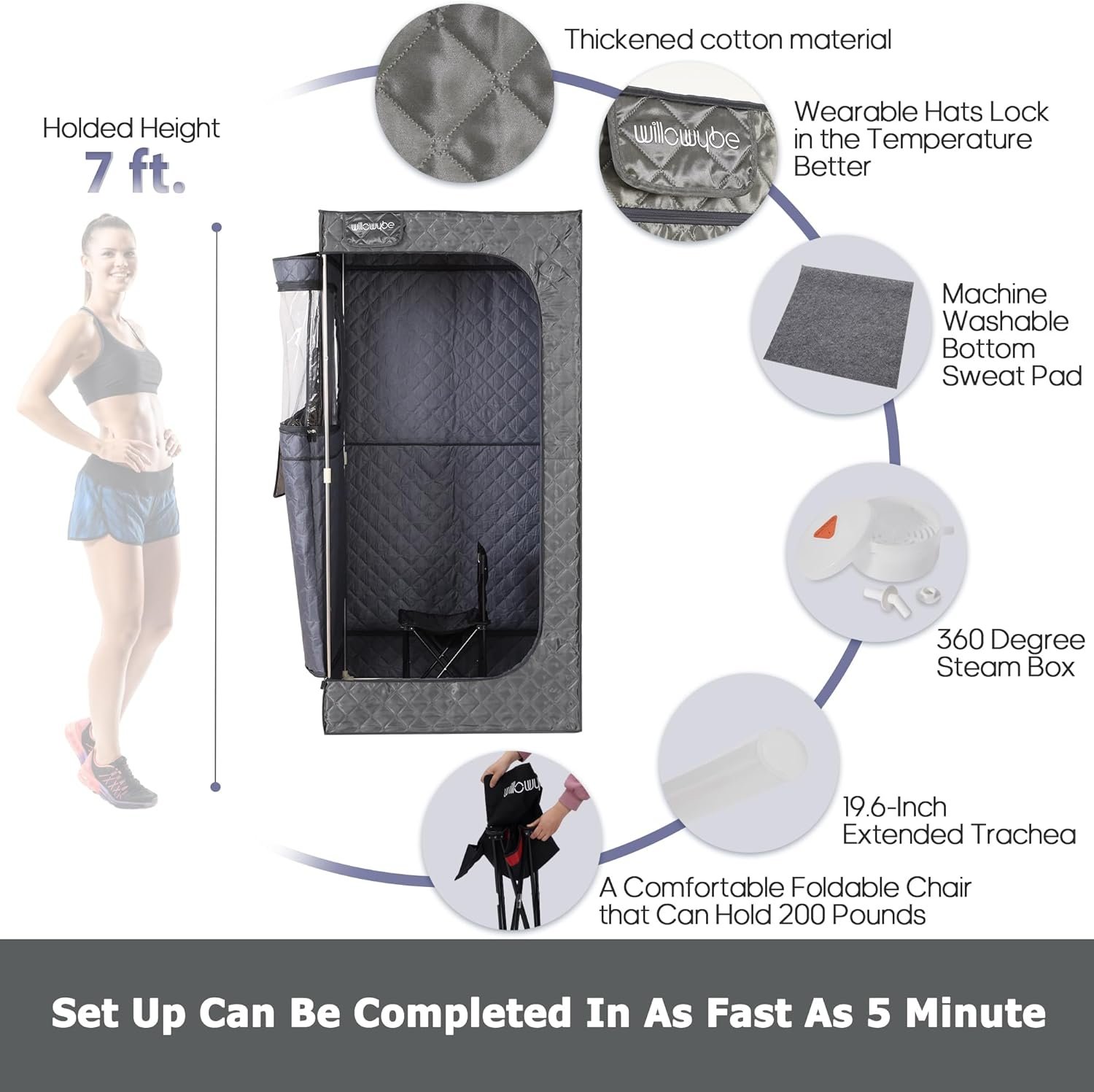 WILLOWYBE Portable Steam Sauna with Bluetooth Control, 4L KingPower Steamer, Body Tent, Foldable Chair | Personal Home Spa (Night Grey) 4 WILLOWYBE Portable Steam Sauna with Bluetooth Control, 4L KingPower Steamer, Body Tent, Foldable Chair | Personal Home Spa (Night Grey) - Image 4