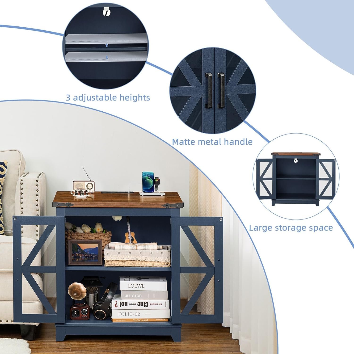 Farmhouse End Table with Charging Station Set 2, 24" Large Sofa Side Table with Glass Barn Door, Blue Nightstand with Adjustable Storage Shelf,Wood Square Bedside Table for Living Room,Bedroom 7 Farmhouse End Table with Charging Station Set 2, 24" Large Sofa Side Table with Glass Barn Door, Blue Nightstand with Adjustable Storage Shelf,Wood Square Bedside Table for Living Room,Bedroom - Image 7