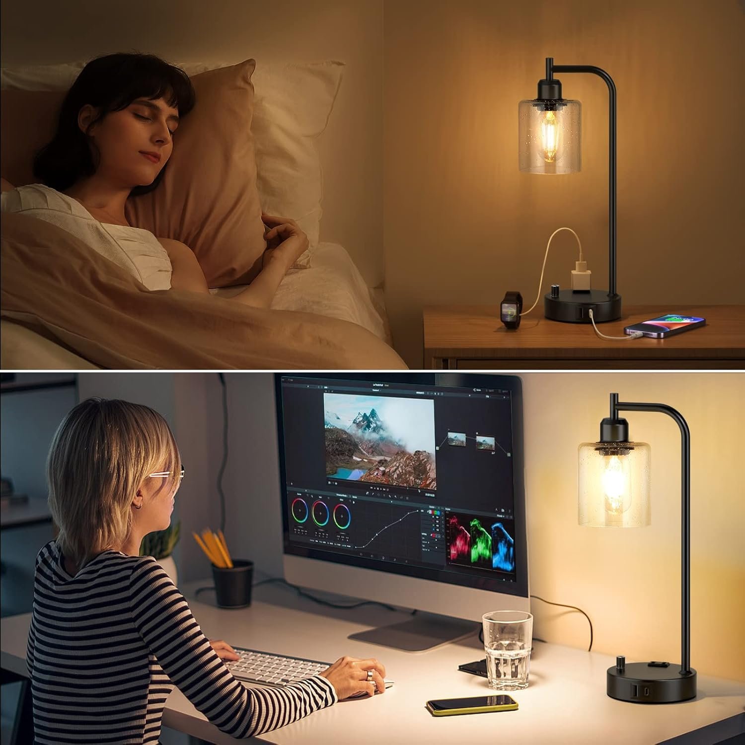 Industrial Table Lamps for Bedrooms Set of 2 - Fully Dimmable Bedside Lamps with USB A and C Ports and Outlet, Black Nightstand Lamps with Glass Shade for Living Room, Desk Lamps for Office Reading 6 Industrial Table Lamps for Bedrooms Set of 2 - Fully Dimmable Bedside Lamps with USB A and C Ports and Outlet, Black Nightstand Lamps with Glass Shade for Living Room, Desk Lamps for Office Reading - Image 6