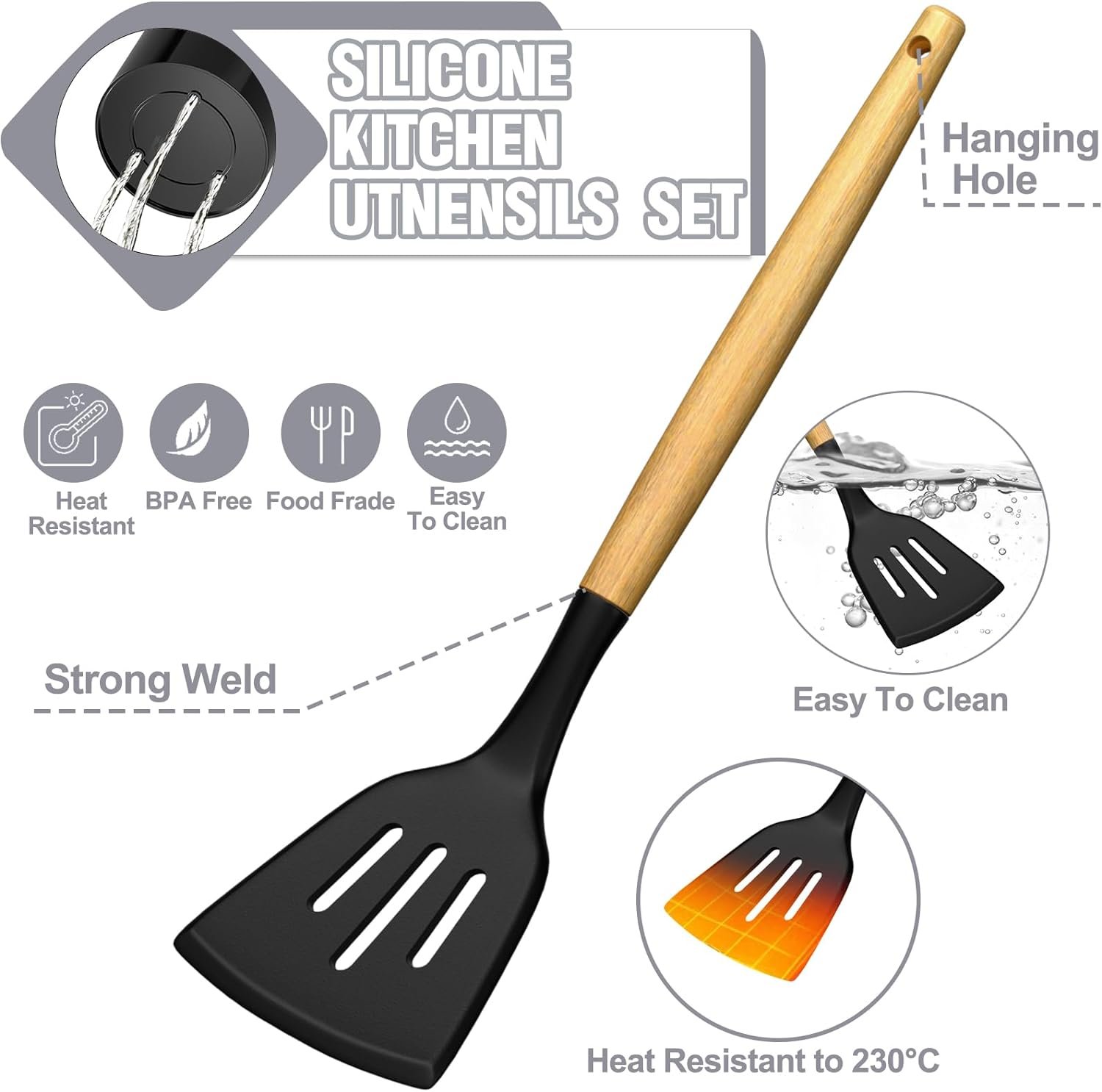 Kitchen Utensils Set- 34PCS Silicone Cooking Utensils with Holder, Umite Chef Heat Resistant Kitchen Utensil Spatula Set for Nonstick Cookware, Black Wooden Handles Kitchen Gadgets Tools Set 7 Kitchen Utensils Set- 34PCS Silicone Cooking Utensils with Holder, Umite Chef Heat Resistant Kitchen Utensil Spatula Set for Nonstick Cookware, Black Wooden Handles Kitchen Gadgets Tools Set - Image 7