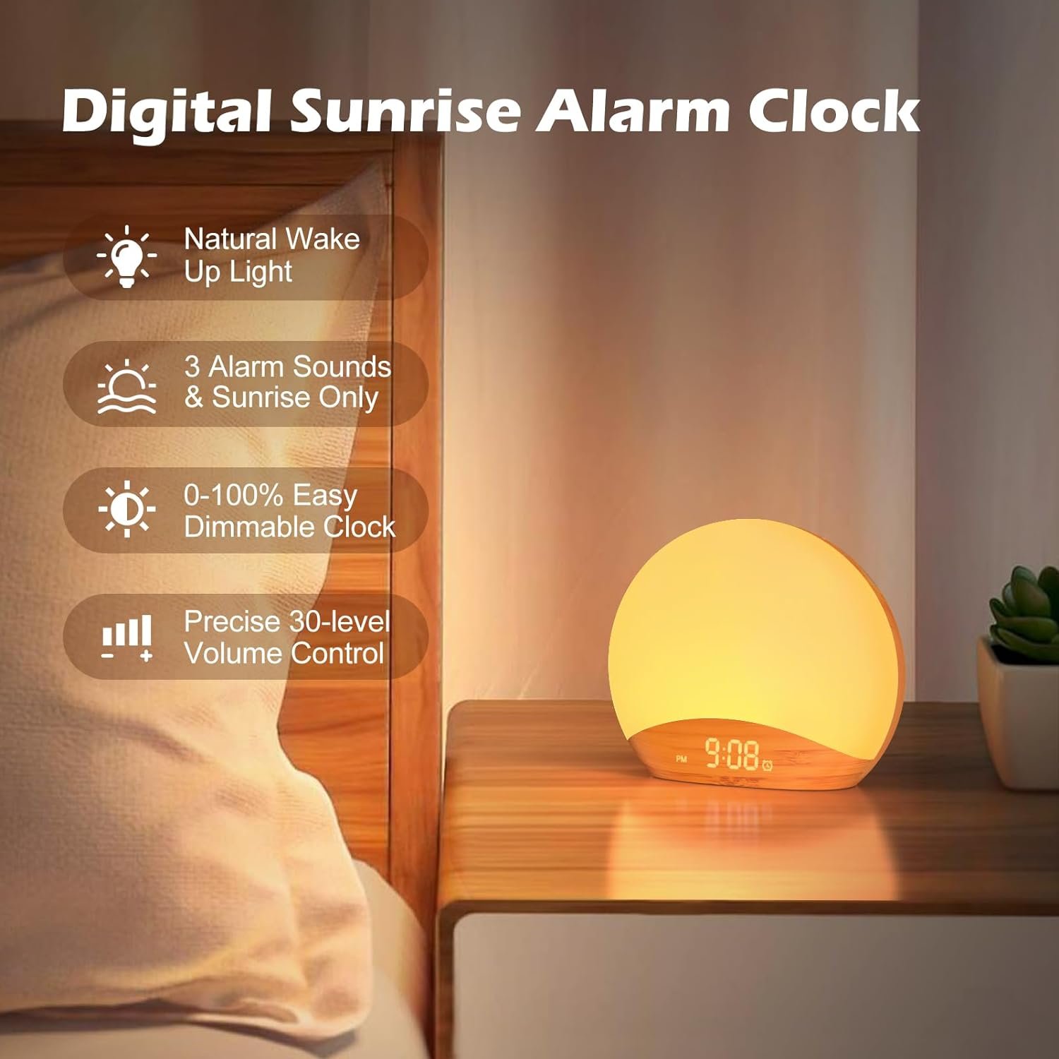 REACHER Wood Grain Sunrise Alarm Clock and Sound Machine Nightlight, Digital Dimmable Clock for Bedroom, 26 Sleep Sounds, White Noise Machine for Baby, Adults, Wake Up Light Alarm Clock for Kids 3 REACHER Wood Grain Sunrise Alarm Clock and Sound Machine Nightlight, Digital Dimmable Clock for Bedroom, 26 Sleep Sounds, White Noise Machine for Baby, Adults, Wake Up Light Alarm Clock for Kids - Image 3