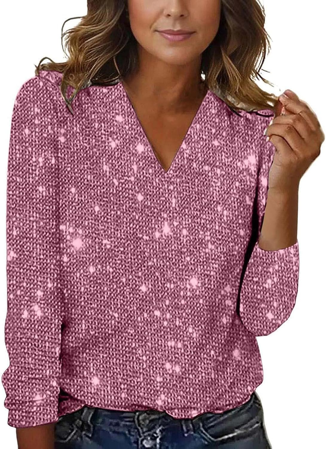 Womens Sequin Tops Long Sleeve V Neck Elegant Shirt Blouse Sparkly Glitter Shimmer New Year Party Club Dressy Tops