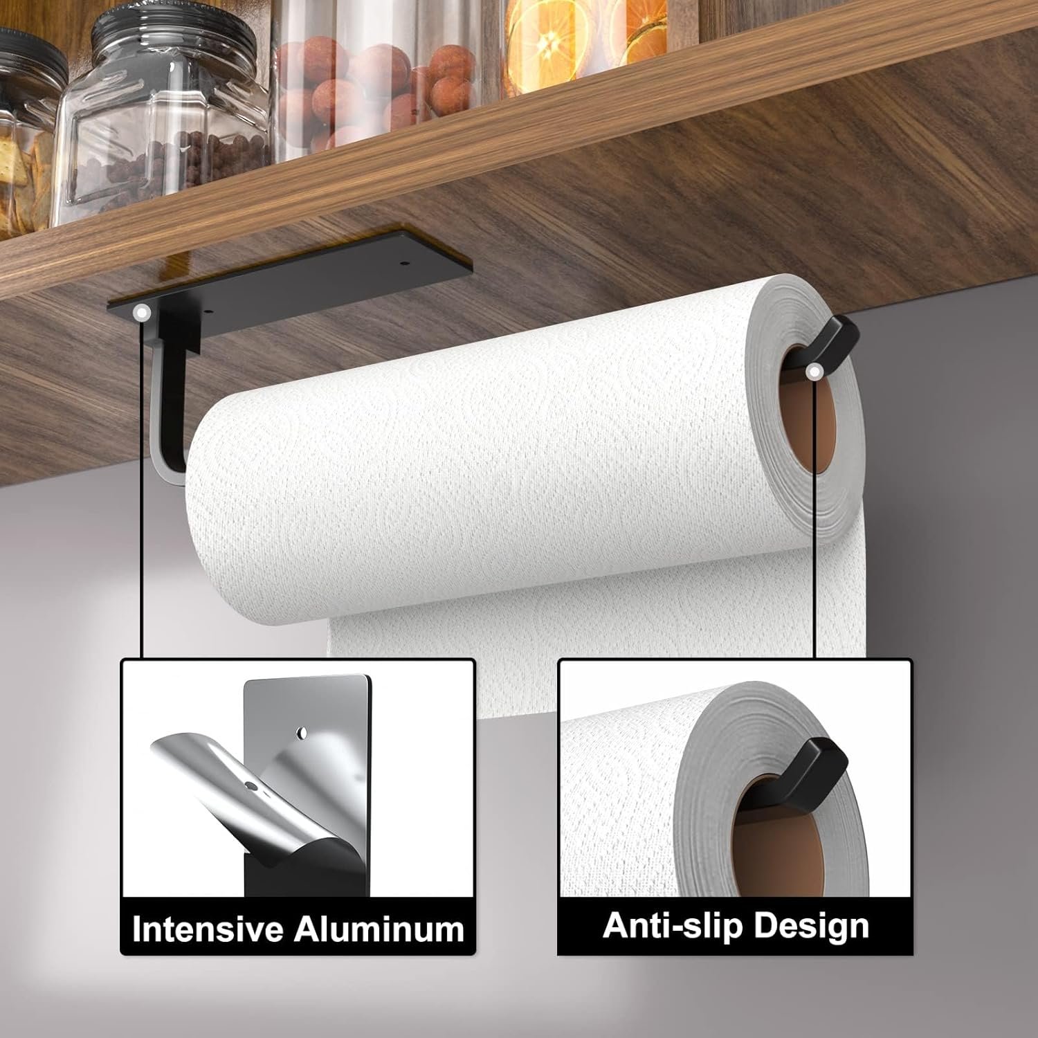 Paper Towel Holder - Self-Adhesive or Drilling, Matte Black, Upgraded Aluminum Kitchen Roll Dispenser Under Cabinet, Lighter but Stronger Than Stainless Steel! 2 Paper Towel Holder - Self-Adhesive or Drilling, Matte Black, Upgraded Aluminum Kitchen Roll Dispenser Under Cabinet, Lighter but Stronger Than Stainless Steel! - Image 2