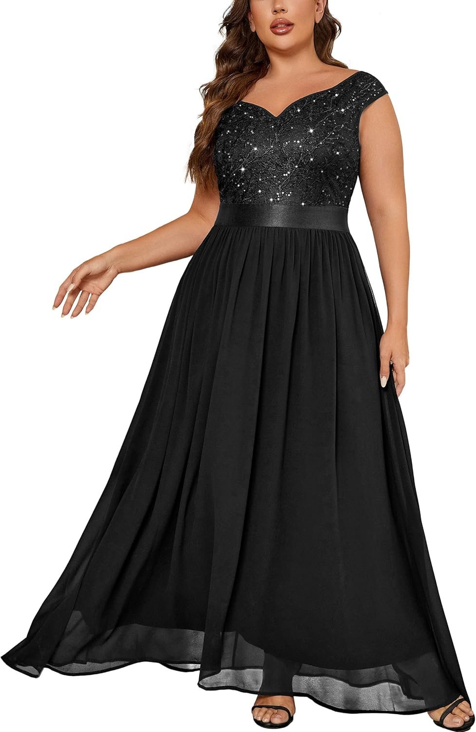 Miusol Women's Plus Size Elegant Lace Contrast Sequin V-Neck Floral Formal Evening Party Maxi Dress