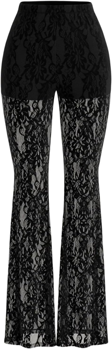 GORGLITTER Women's Floral Lace Mesh Skinny Bell Pants Bottom Flare Leg Elastic High Waist Sheer Trousers