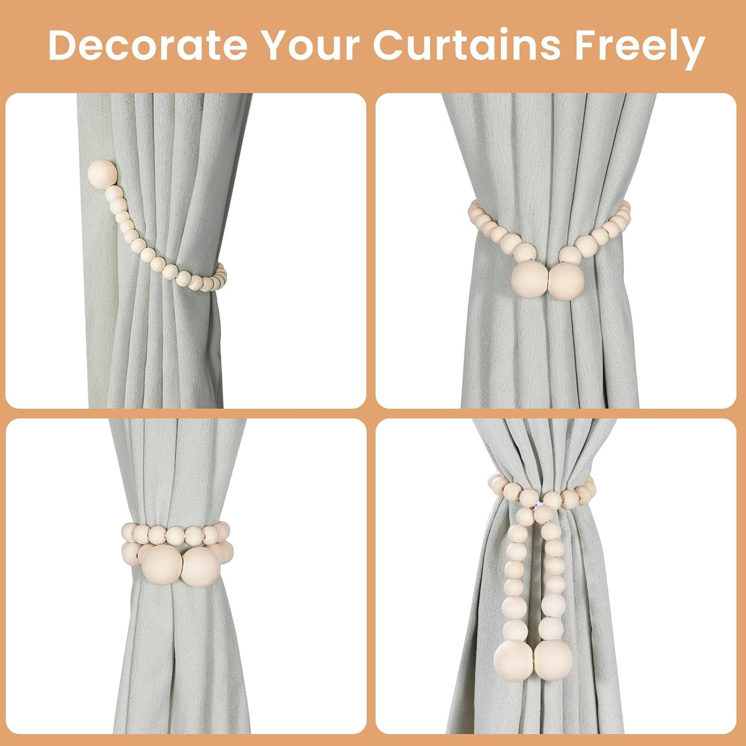 Magnetic Curtain Tiebacks, Curtain Tie Backs for Curtains 2 Pack, Wood Bead Curtain Tiebacks, Curtain Holders for Boho Bedroom Decor, Baby Nursery Decor, Farmhouse Decor 4 Magnetic Curtain Tiebacks, Curtain Tie Backs for Curtains 2 Pack, Wood Bead Curtain Tiebacks, Curtain Holders for Boho Bedroom Decor, Baby Nursery Decor, Farmhouse Decor - Image 4