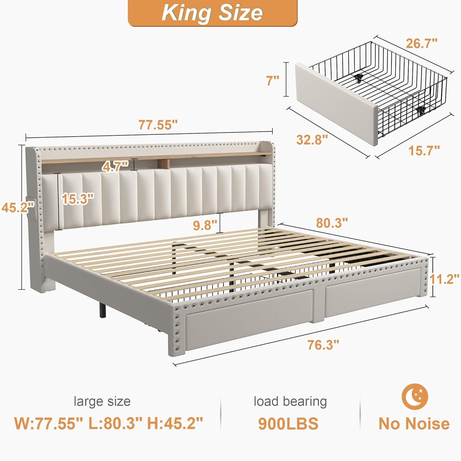 EnHomee King Size Bed Frame with Storage and Headboard, Upholstered King Bed Frame with Storage, King Bed Frame with 2 Drawers, King Size Bed Frame with Storage, NO Noise,No Box Spring Needed 2 EnHomee King Size Bed Frame with Storage and Headboard, Upholstered King Bed Frame with Storage, King Bed Frame with 2 Drawers, King Size Bed Frame with Storage, NO Noise,No Box Spring Needed - Image 2