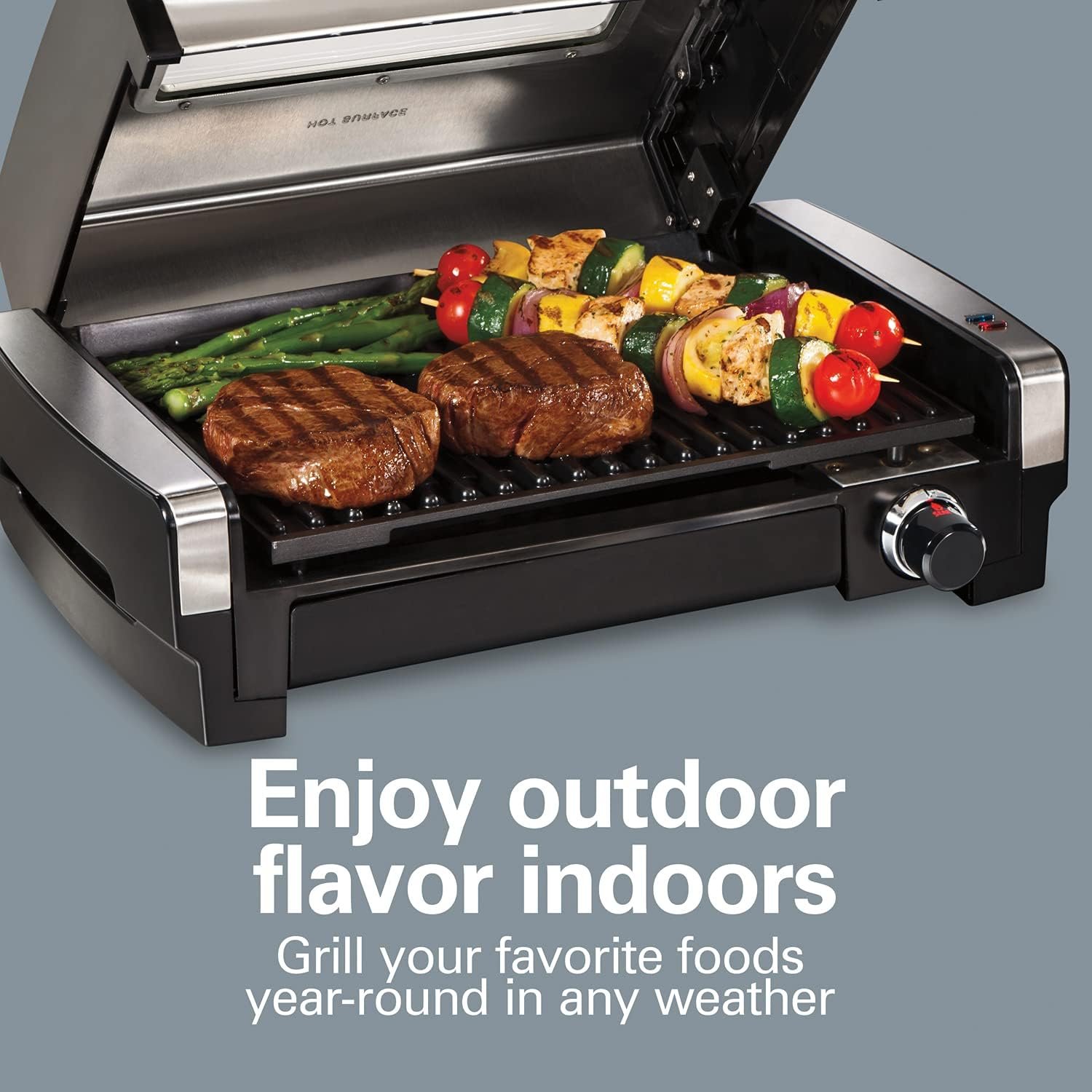 Hamilton Beach Electric Indoor Searing Grill with Viewing Window & Adjustable Temperature Control to 450F, 118 sq. in. Surface Serves 6, Removable Nonstick Grate, Stainless Steel 2 Hamilton Beach Electric Indoor Searing Grill with Viewing Window & Adjustable Temperature Control to 450F, 118 sq. in. Surface Serves 6, Removable Nonstick Grate, Stainless Steel - Image 2
