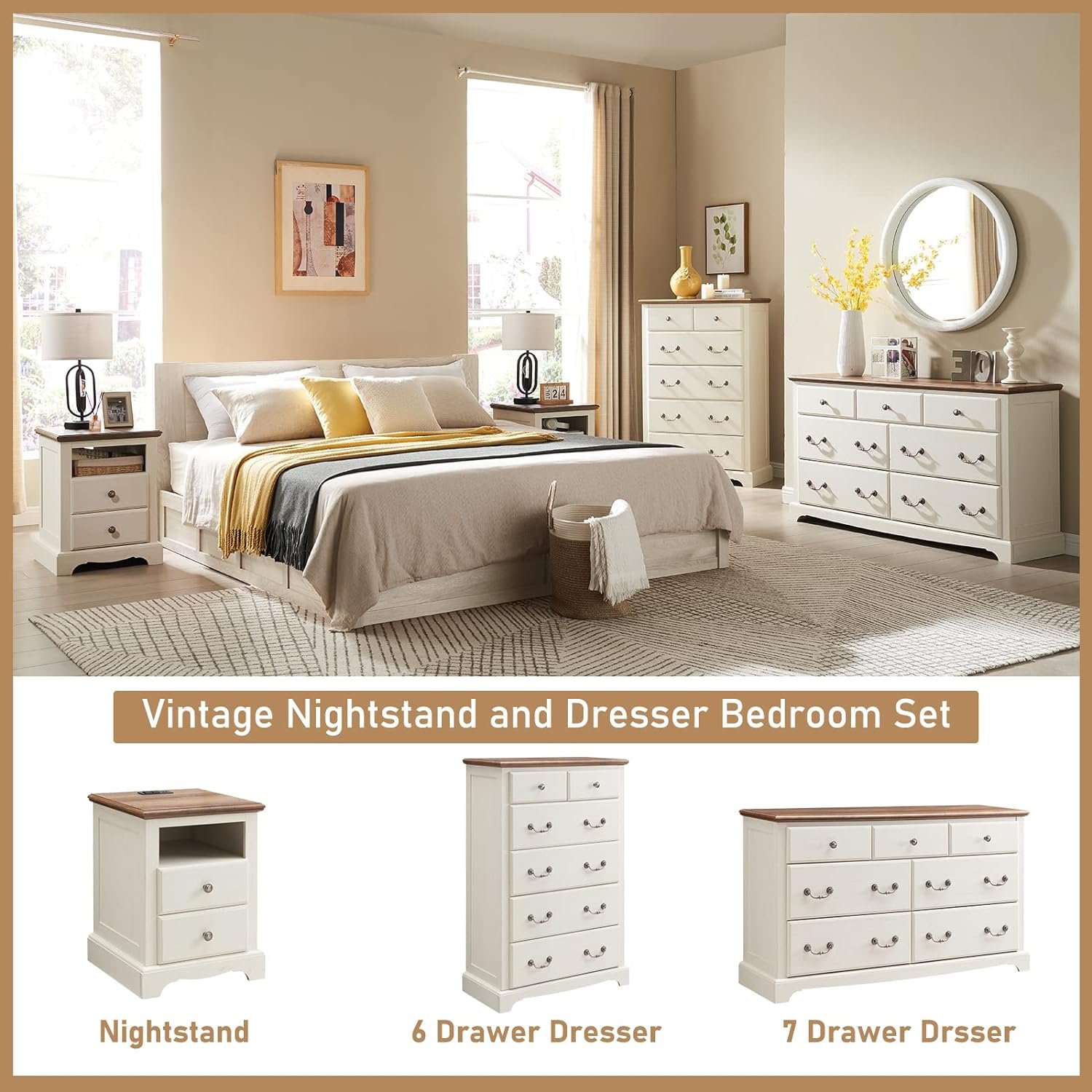 T4TREAM 7 Drawers Dresser Chests for Bedroom, Wood Vintage Chests of Drawers, Rustic Dressers Chset Organizer for Bedroom, Living Room, Hallway, Antique White 3 T4TREAM 7 Drawers Dresser Chests for Bedroom, Wood Vintage Chests of Drawers, Rustic Dressers Chset Organizer for Bedroom, Living Room, Hallway, Antique White - Image 3