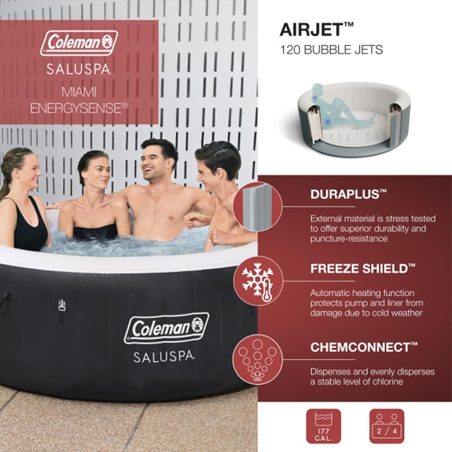 Bestway Coleman Miami AirJet Large Round 2 to 4 Person Inflatable Hot Tub Portable Outdoor Spa with 120 AirJets and EnergySense Cover, Black 2 Bestway Coleman Miami AirJet Large Round 2 to 4 Person Inflatable Hot Tub Portable Outdoor Spa with 120 AirJets and EnergySense Cover, Black - Image 2
