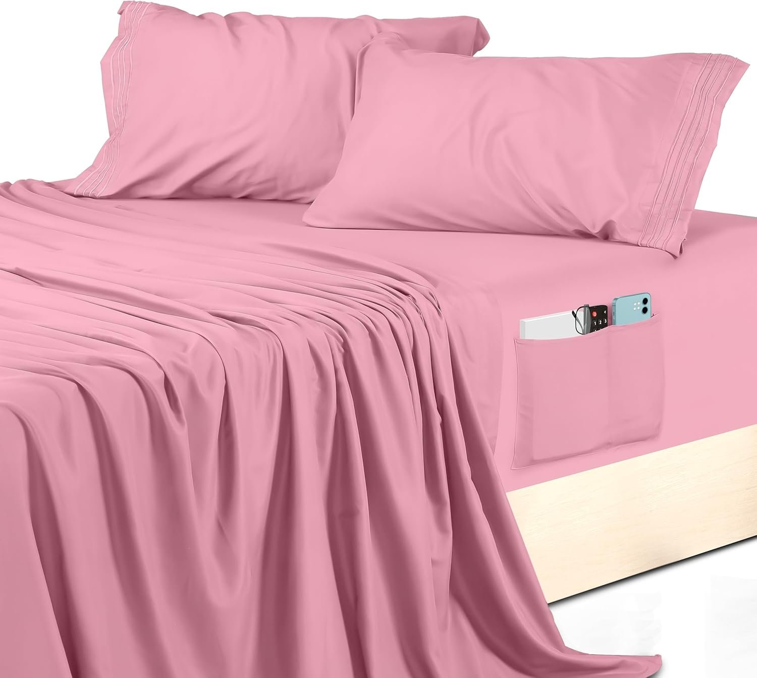 Utopia Bedding Queen Sheet Set, Soft Microfiber 4 Piece Hotel Luxury Bed Sheets for Women, Men, Kids & Teens with Side Storage Deep Pocket Fitted Sheet - Embroidered Pillow Cases - Flat Sheet (Pink)