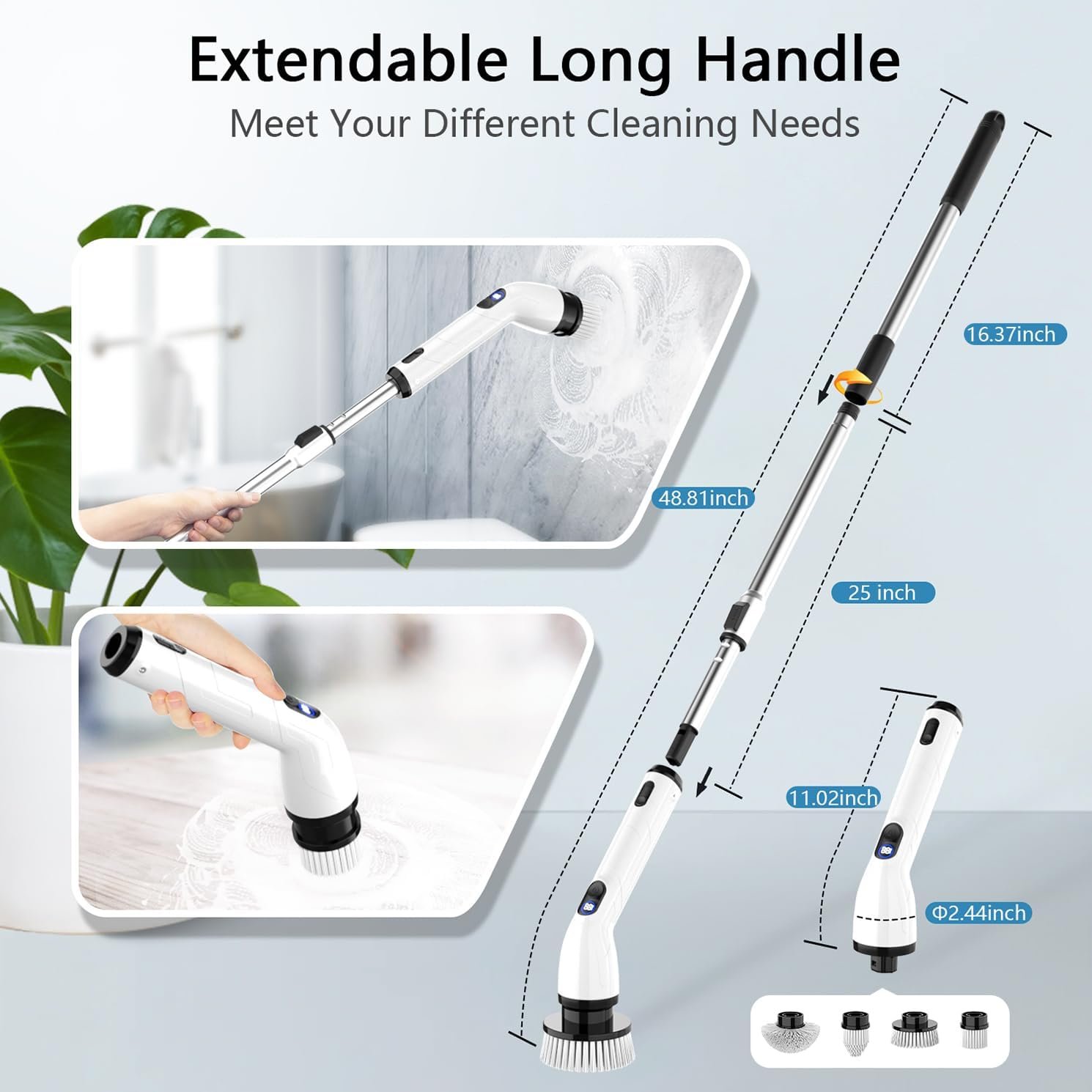 TUYU Electric Spin Scrubber, Full-Body IPX7 Waterproof Bathroom Scrubber with Power LCD Display, Adjustable Extension Handle, Cordless Shower Cleaner Brush for Bathtub Kitchen Wall Cleaning 4 TUYU Electric Spin Scrubber, Full-Body IPX7 Waterproof Bathroom Scrubber with Power LCD Display, Adjustable Extension Handle, Cordless Shower Cleaner Brush for Bathtub Kitchen Wall Cleaning - Image 4
