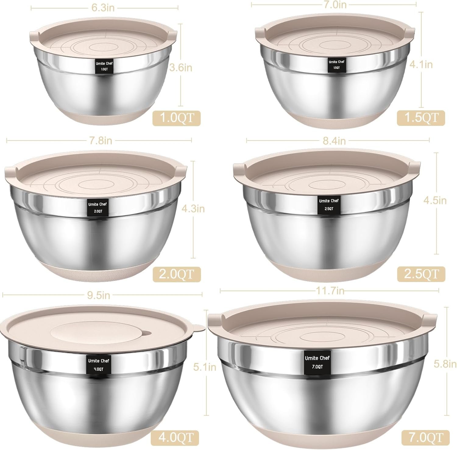 Mixing Bowls with Airtight Lids Set, 26PCS Stainless Steel Khaki Bowls with Grater Attachments, Non-Slip Bottoms & Kitchen Gadgets Set, Size 7, 4, 2.5, 2.0,1.5, 1QT, Great for Mixing & Serving 2 Mixing Bowls with Airtight Lids Set, 26PCS Stainless Steel Khaki Bowls with Grater Attachments, Non-Slip Bottoms & Kitchen Gadgets Set, Size 7, 4, 2.5, 2.0,1.5, 1QT, Great for Mixing & Serving - Image 2