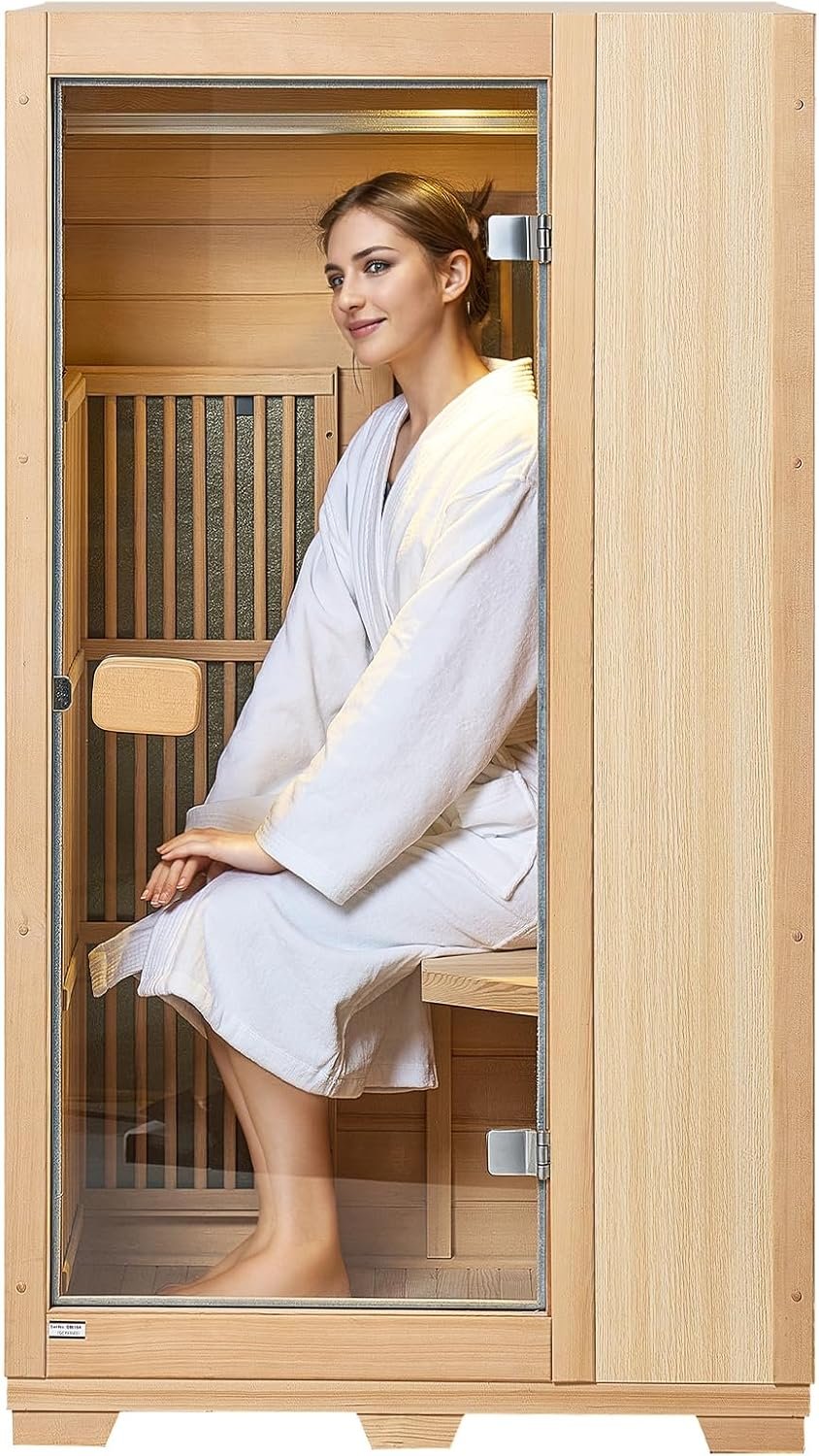 VEVOR Far Infrared Wooden Sauna, Room Home Sauna Spa for One Person, 1140W Low EMF Far Infrared Hemlock Wood Sauna with Tempered Glass Door & LED Reading Lamp & Bluetooth Speakers, 35 * 29 * 64 Inch