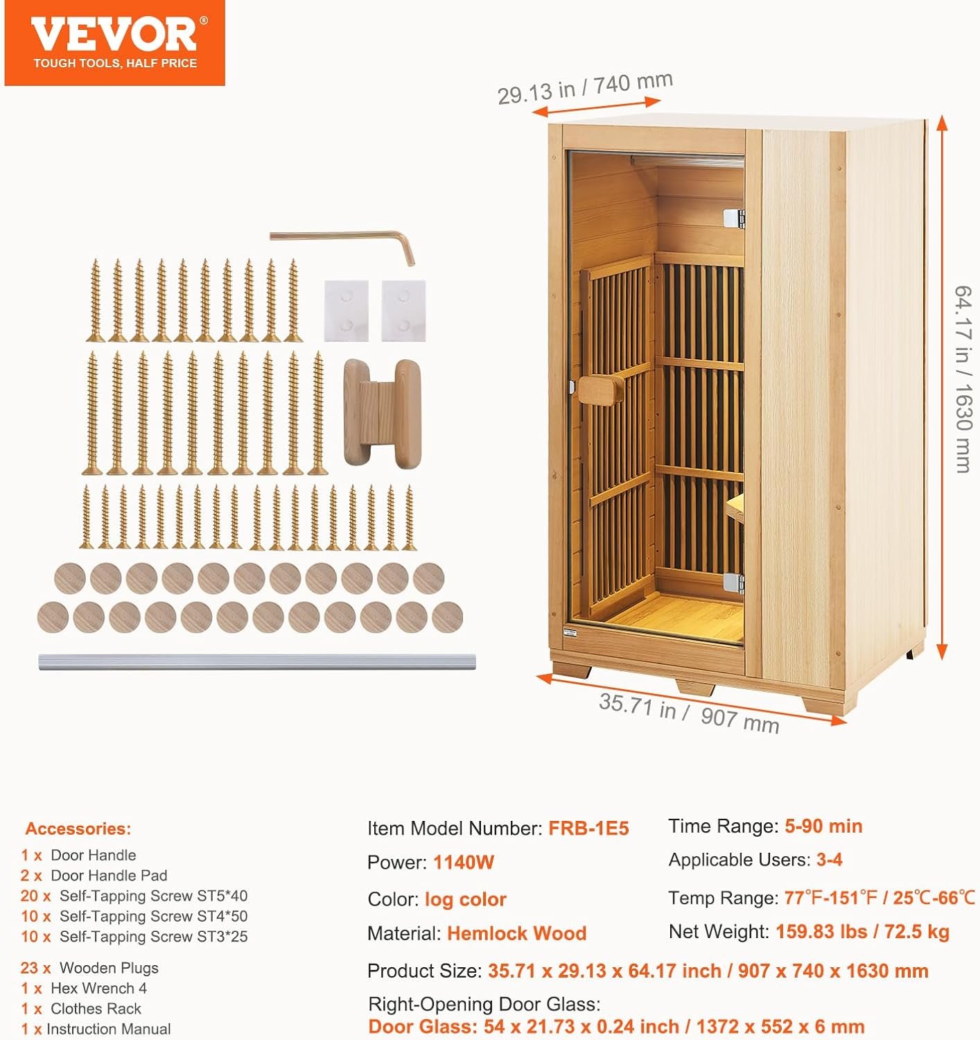 VEVOR Far Infrared Wooden Sauna, Room Home Sauna Spa for One Person, 1140W Low EMF Far Infrared Hemlock Wood Sauna with Tempered Glass Door & LED Reading Lamp & Bluetooth Speakers, 35 * 29 * 64 Inch 6 VEVOR Far Infrared Wooden Sauna, Room Home Sauna Spa for One Person, 1140W Low EMF Far Infrared Hemlock Wood Sauna with Tempered Glass Door & LED Reading Lamp & Bluetooth Speakers, 35 * 29 * 64 Inch - Image 6