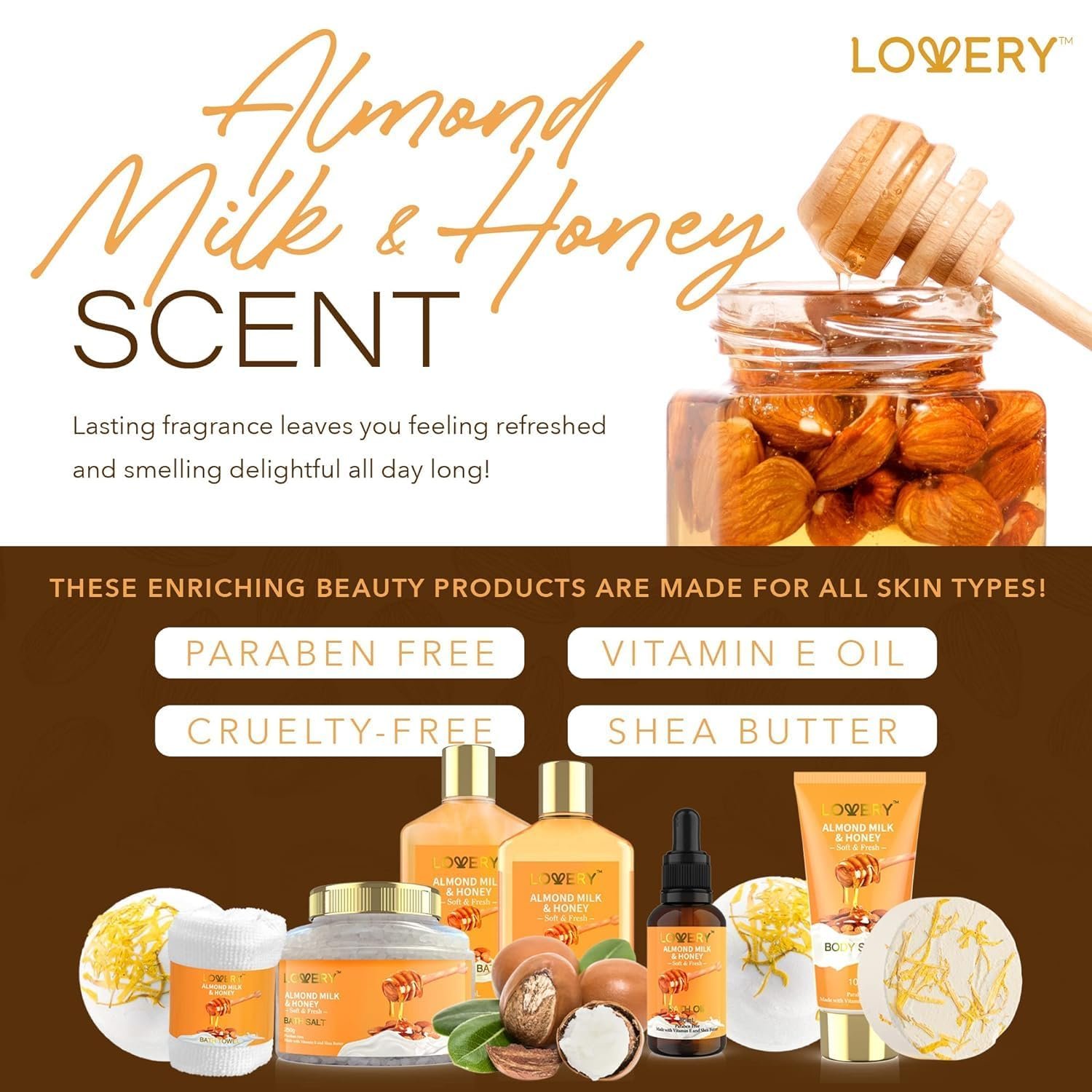 Gift Basket for Women - 10 Pc Almond Milk & Honey Beauty & Personal Care Set - Home Bath Pampering Package for Relaxing - Spa Self Care Kit - Thank You, Birthday, Mom, Anniversary Gift 5 Gift Basket for Women - 10 Pc Almond Milk & Honey Beauty & Personal Care Set - Home Bath Pampering Package for Relaxing - Spa Self Care Kit - Thank You, Birthday, Mom, Anniversary Gift - Image 5