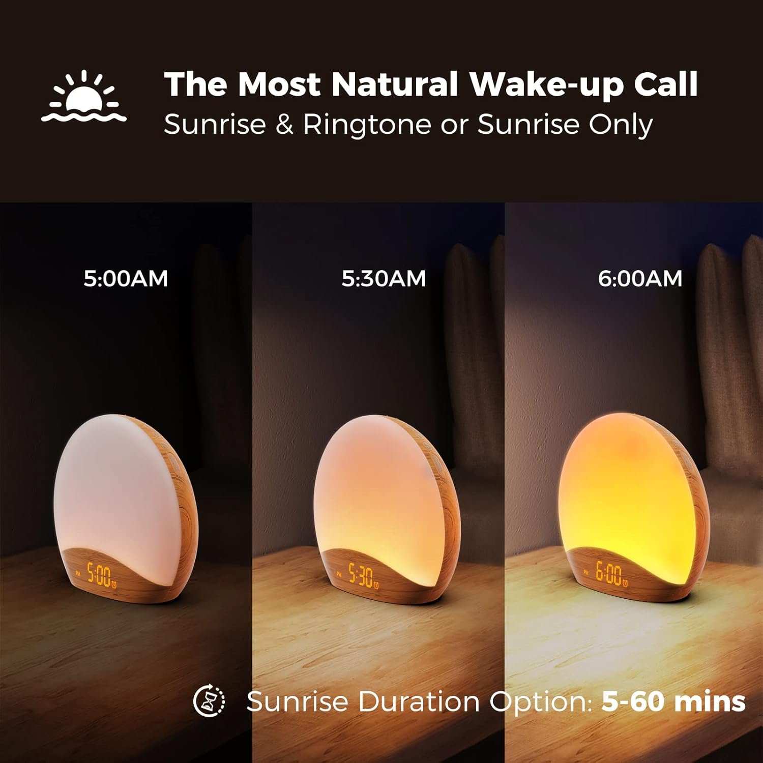 REACHER Wood Grain Sunrise Alarm Clock and Sound Machine Nightlight, Digital Dimmable Clock for Bedroom, 26 Sleep Sounds, White Noise Machine for Baby, Adults, Wake Up Light Alarm Clock for Kids 2 REACHER Wood Grain Sunrise Alarm Clock and Sound Machine Nightlight, Digital Dimmable Clock for Bedroom, 26 Sleep Sounds, White Noise Machine for Baby, Adults, Wake Up Light Alarm Clock for Kids - Image 2