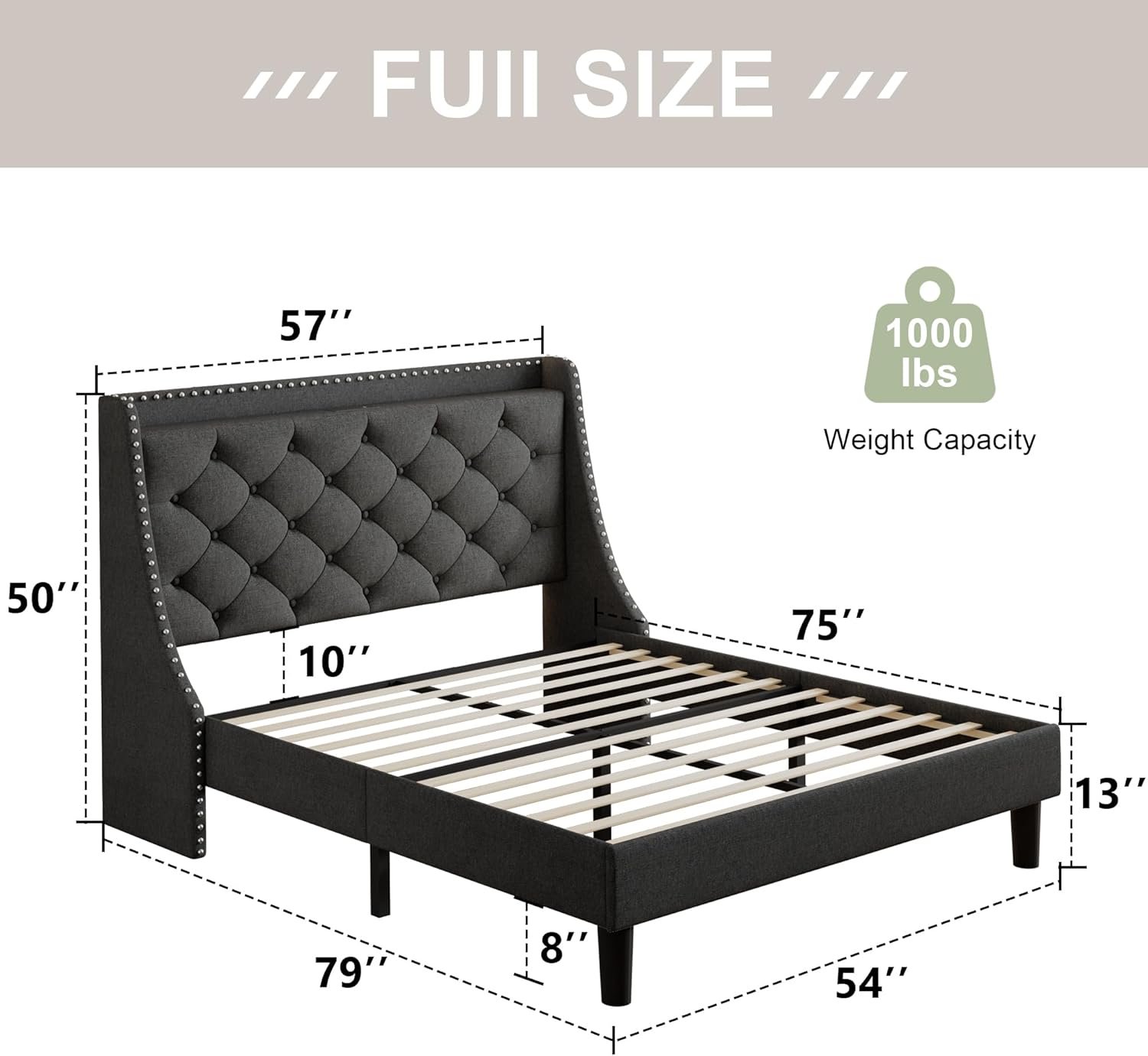 Feonase Full Size Bed Frame with Luxury Wingback and Fast Charging Station,Full Upholstered Button Tufted Storage Headboard Platform Bed,Sturdy Wooden Slats Support,Noise-Free, Easy Assembly,Dark Gray 2 Feonase Full Size Bed Frame with Luxury Wingback and Fast Charging Station,Full Upholstered Button Tufted Storage Headboard Platform Bed,Sturdy Wooden Slats Support,Noise-Free, Easy Assembly,Dark Gray - Image 2