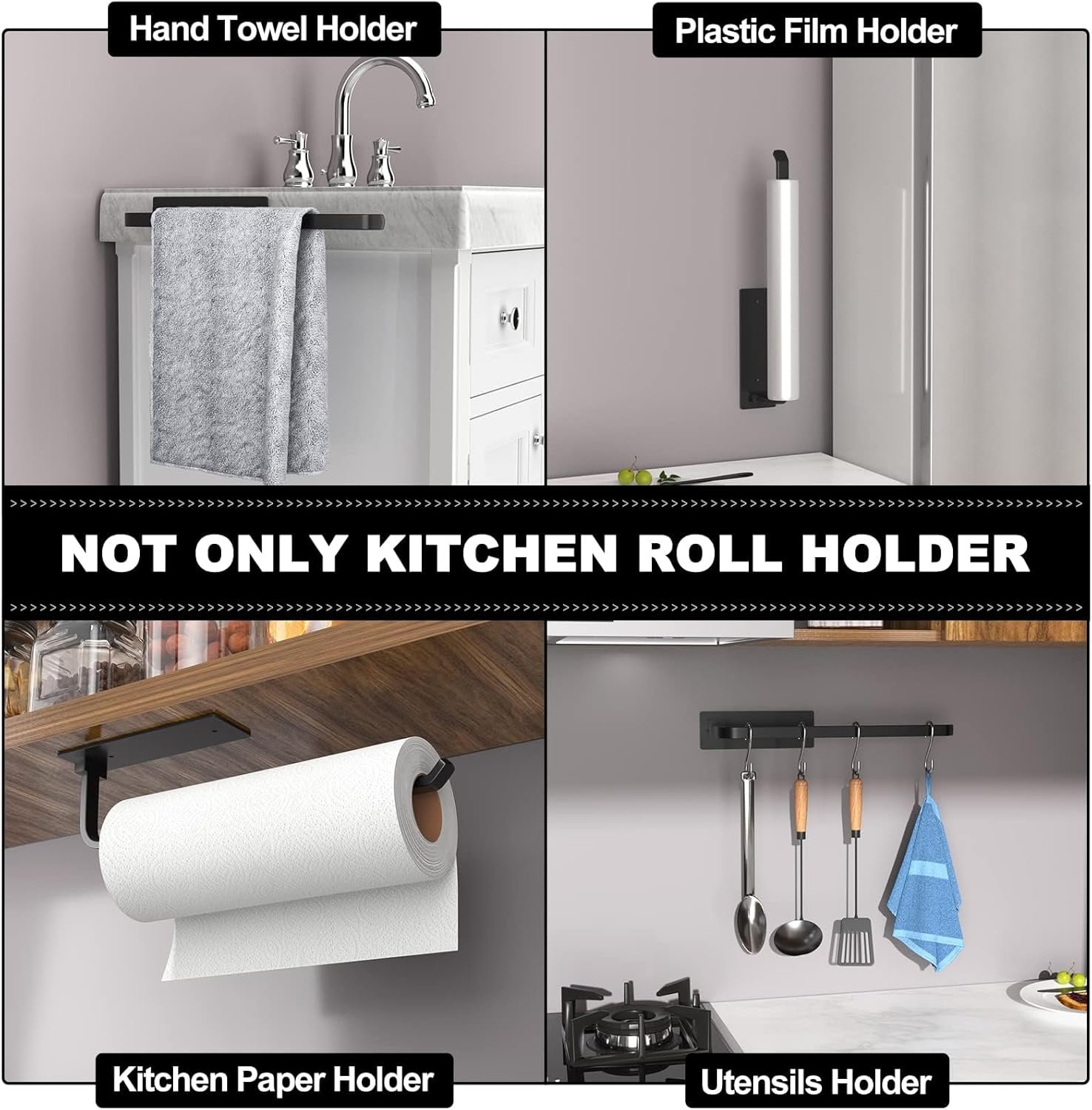 Paper Towel Holder - Self-Adhesive or Drilling, Matte Black, Upgraded Aluminum Kitchen Roll Dispenser Under Cabinet, Lighter but Stronger Than Stainless Steel! 4 Paper Towel Holder - Self-Adhesive or Drilling, Matte Black, Upgraded Aluminum Kitchen Roll Dispenser Under Cabinet, Lighter but Stronger Than Stainless Steel! - Image 4