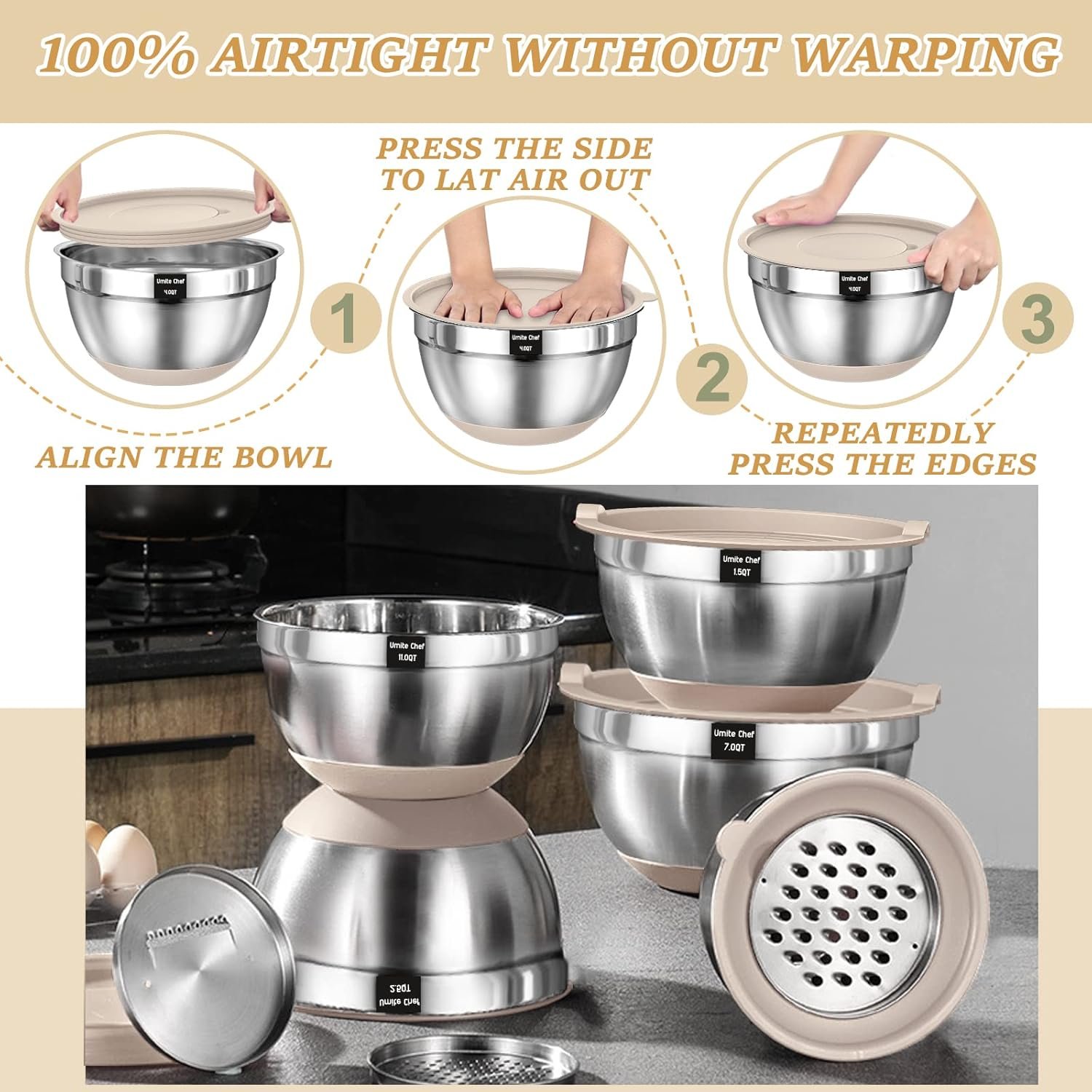 Mixing Bowls with Airtight Lids Set, 26PCS Stainless Steel Khaki Bowls with Grater Attachments, Non-Slip Bottoms & Kitchen Gadgets Set, Size 7, 4, 2.5, 2.0,1.5, 1QT, Great for Mixing & Serving 7 Mixing Bowls with Airtight Lids Set, 26PCS Stainless Steel Khaki Bowls with Grater Attachments, Non-Slip Bottoms & Kitchen Gadgets Set, Size 7, 4, 2.5, 2.0,1.5, 1QT, Great for Mixing & Serving - Image 7