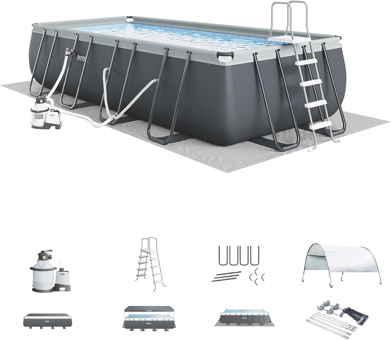Intex Ultra XTR Frame 24' x 12' x 52" Above Ground Swimming Pool Set with Sand Filter Pump, Pool Cover, Ladder, and Protective Sun Canopy Attachment