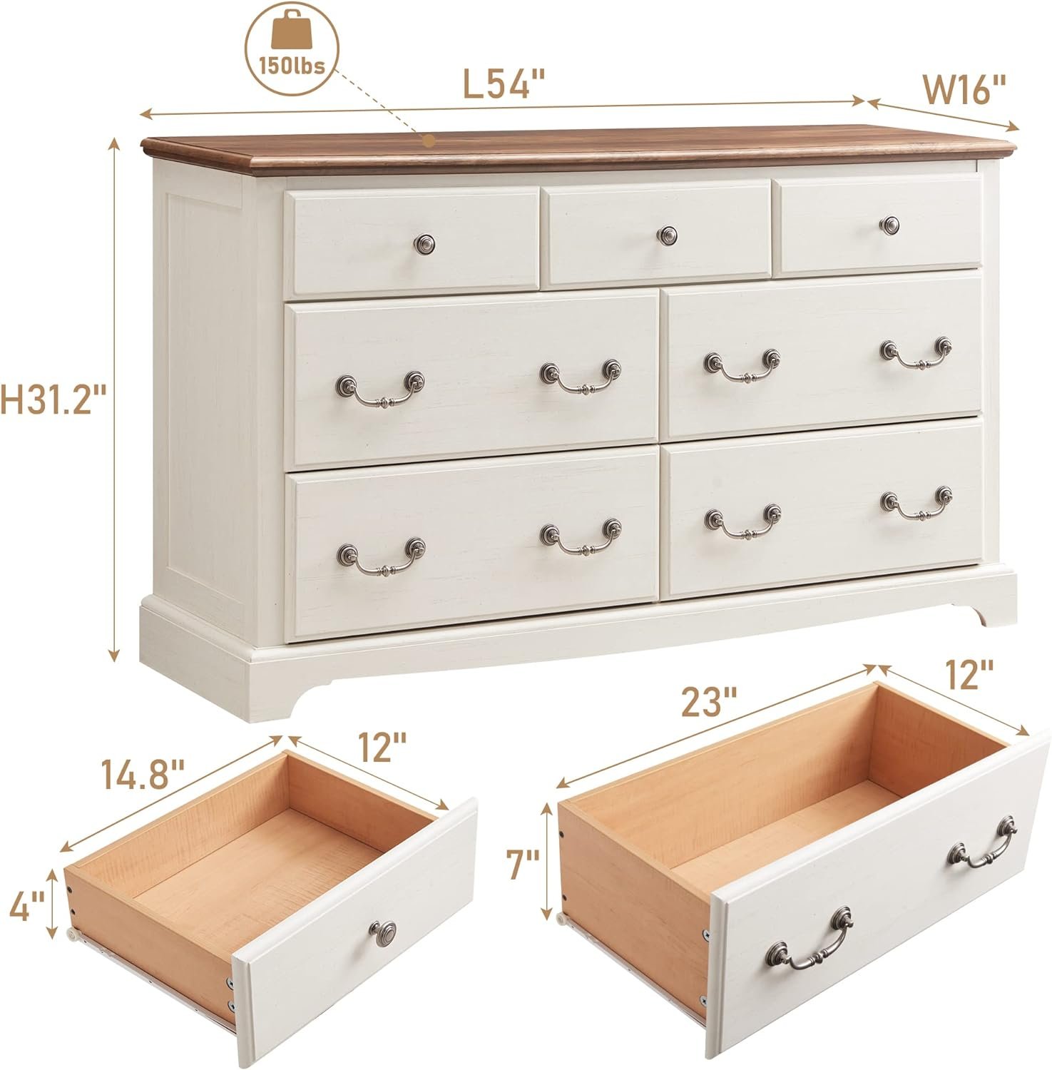 T4TREAM 7 Drawers Dresser Chests for Bedroom, Wood Vintage Chests of Drawers, Rustic Dressers Chset Organizer for Bedroom, Living Room, Hallway, Antique White 2 T4TREAM 7 Drawers Dresser Chests for Bedroom, Wood Vintage Chests of Drawers, Rustic Dressers Chset Organizer for Bedroom, Living Room, Hallway, Antique White - Image 2