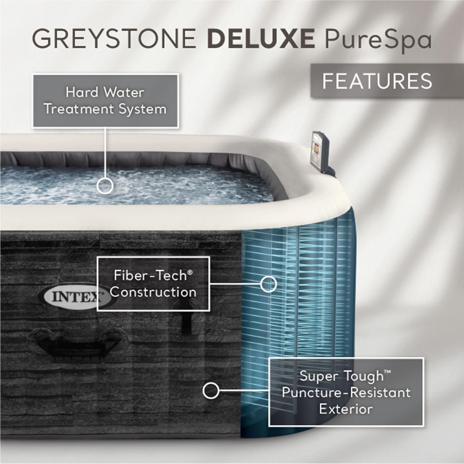 INTEX PureSpa Greystone Deluxe Inflatable Hot Tub, with with Built-in FastFill Inflation System, Spa Control App, and 4 Person Capacity, 83" x 28" 2 INTEX PureSpa Greystone Deluxe Inflatable Hot Tub, with with Built-in FastFill Inflation System, Spa Control App, and 4 Person Capacity, 83" x 28" - Image 2