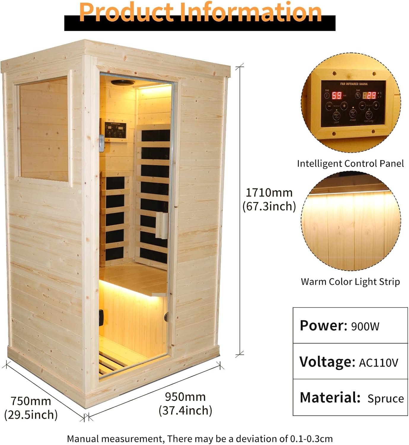 Far Infrared Wooden Sauna Room Home Sauna Spa Dry Saunas Single Person Spa Finland Spruce Wood fit for 7ft Person 5 Far Infrared Wooden Sauna Room Home Sauna Spa Dry Saunas Single Person Spa Finland Spruce Wood fit for 7ft Person - Image 5