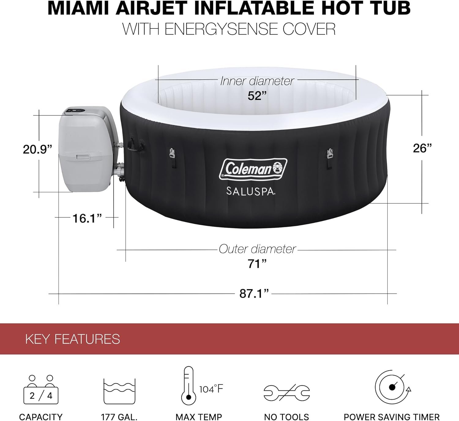 Bestway Coleman Miami AirJet Large Round 2 to 4 Person Inflatable Hot Tub Portable Outdoor Spa with 120 AirJets and EnergySense Cover, Black 4 Bestway Coleman Miami AirJet Large Round 2 to 4 Person Inflatable Hot Tub Portable Outdoor Spa with 120 AirJets and EnergySense Cover, Black - Image 4