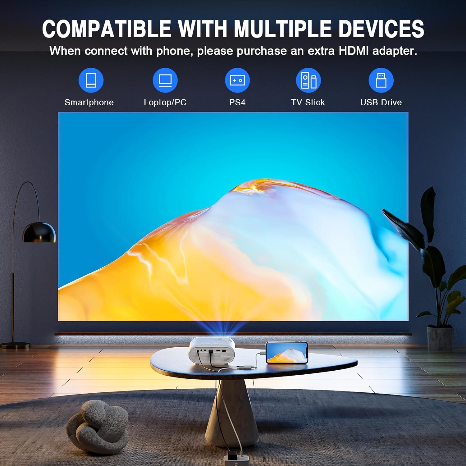 Mini Projector, VISSPL Full HD 1080P Video Projector, Portable Outdoor Projector with Tripod, Kids Gift, Home Theater Movie Phone Projector Compatible with Android/iOS/Windows/TV Stick/HDMI/USB 6 Mini Projector, VISSPL Full HD 1080P Video Projector, Portable Outdoor Projector with Tripod, Kids Gift, Home Theater Movie Phone Projector Compatible with Android/iOS/Windows/TV Stick/HDMI/USB - Image 6