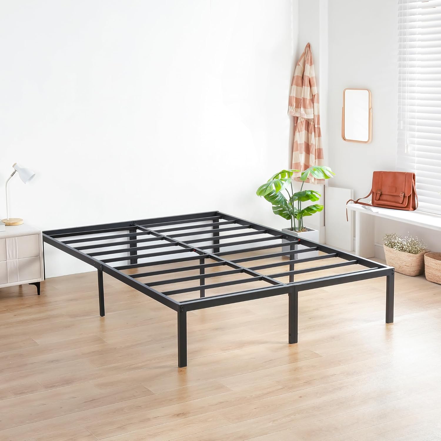 Olee Sleep 14 Inch Heavy Duty Steel Slat Anti-Slip Support, Easy Assembly Platform Bed Frame, Noise Free Steel Mattress Foundation, Maximum Storage, No Box Spring Needed, Black (Queen Size)