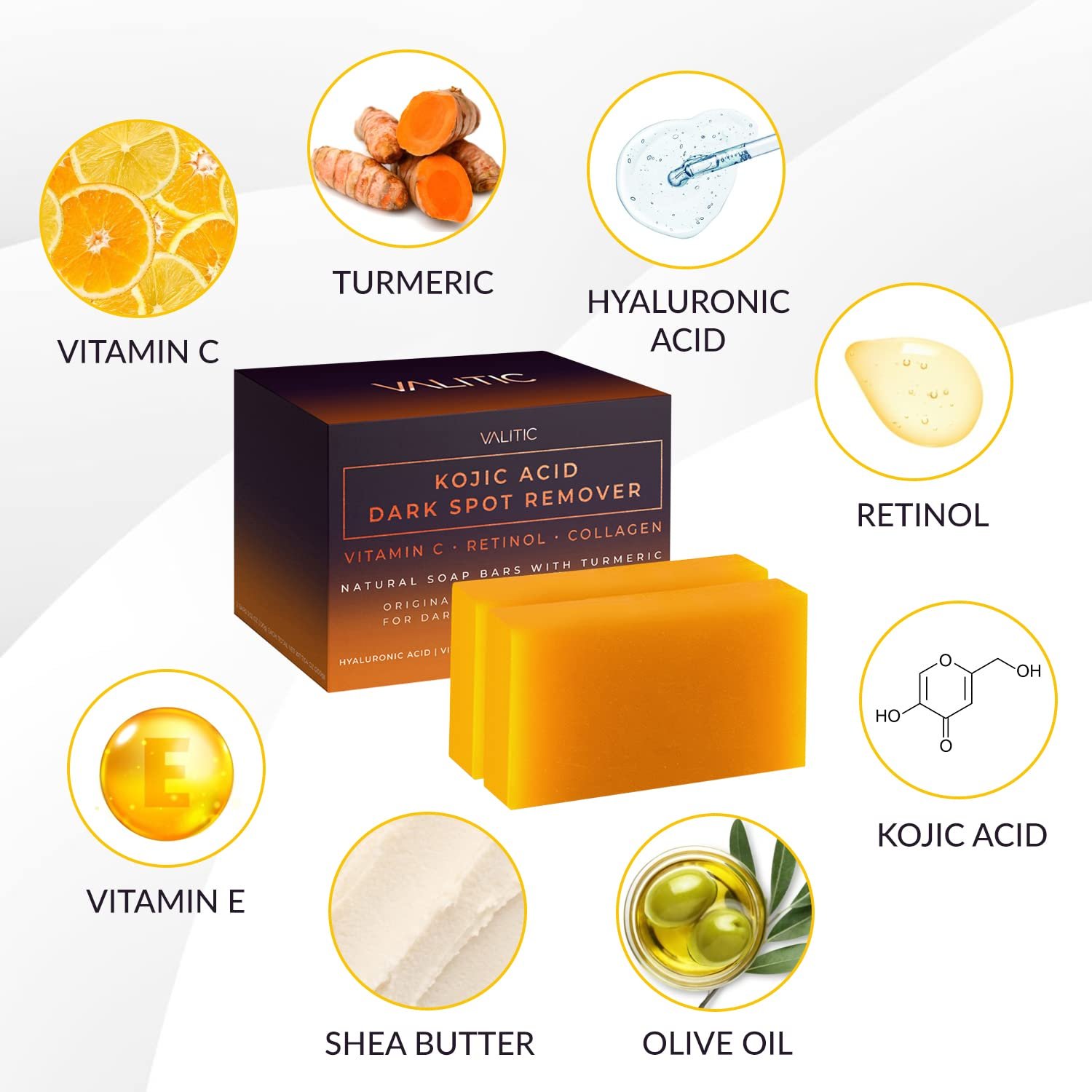 VALITIC Kojic Acid Dark Spot Remover Soap Bars with Vitamin C, Retinol, Collagen, Turmeric - Original Japanese Complex Infused with Hyaluronic Acid, Vitamin E, Shea Butter, Castile Olive Oil (2 Pack) 6 VALITIC Kojic Acid Dark Spot Remover Soap Bars with Vitamin C, Retinol, Collagen, Turmeric - Original Japanese Complex Infused with Hyaluronic Acid, Vitamin E, Shea Butter, Castile Olive Oil (2 Pack) - Image 6