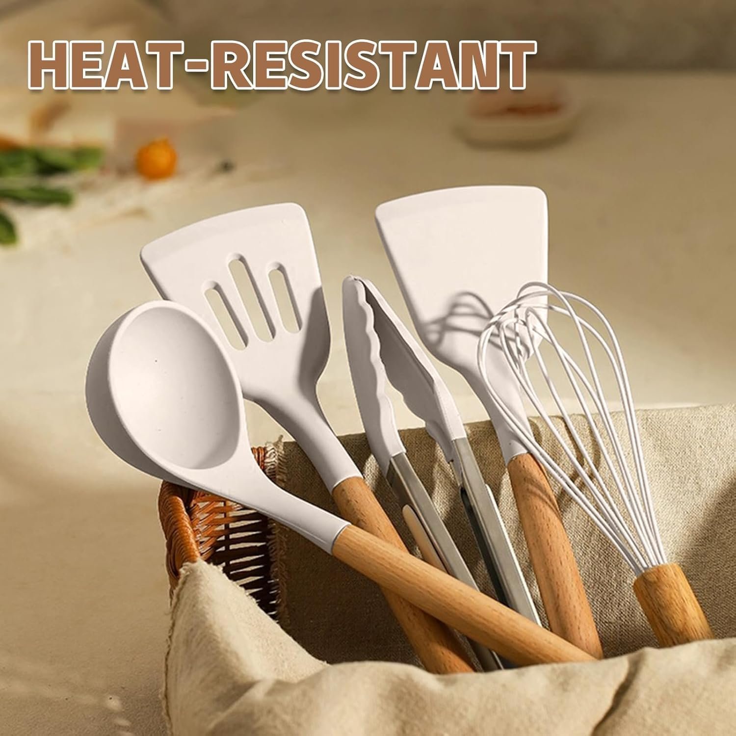 Umite Chef Kitchen Cooking Utensils Set, 33 pcs Non-Stick Silicone Cooking Kitchen Utensils Spatula Set with Holder, Wooden Handle Silicone Kitchen Gadgets Utensil Set (Khaki) 5 Umite Chef Kitchen Cooking Utensils Set, 33 pcs Non-Stick Silicone Cooking Kitchen Utensils Spatula Set with Holder, Wooden Handle Silicone Kitchen Gadgets Utensil Set (Khaki) - Image 5
