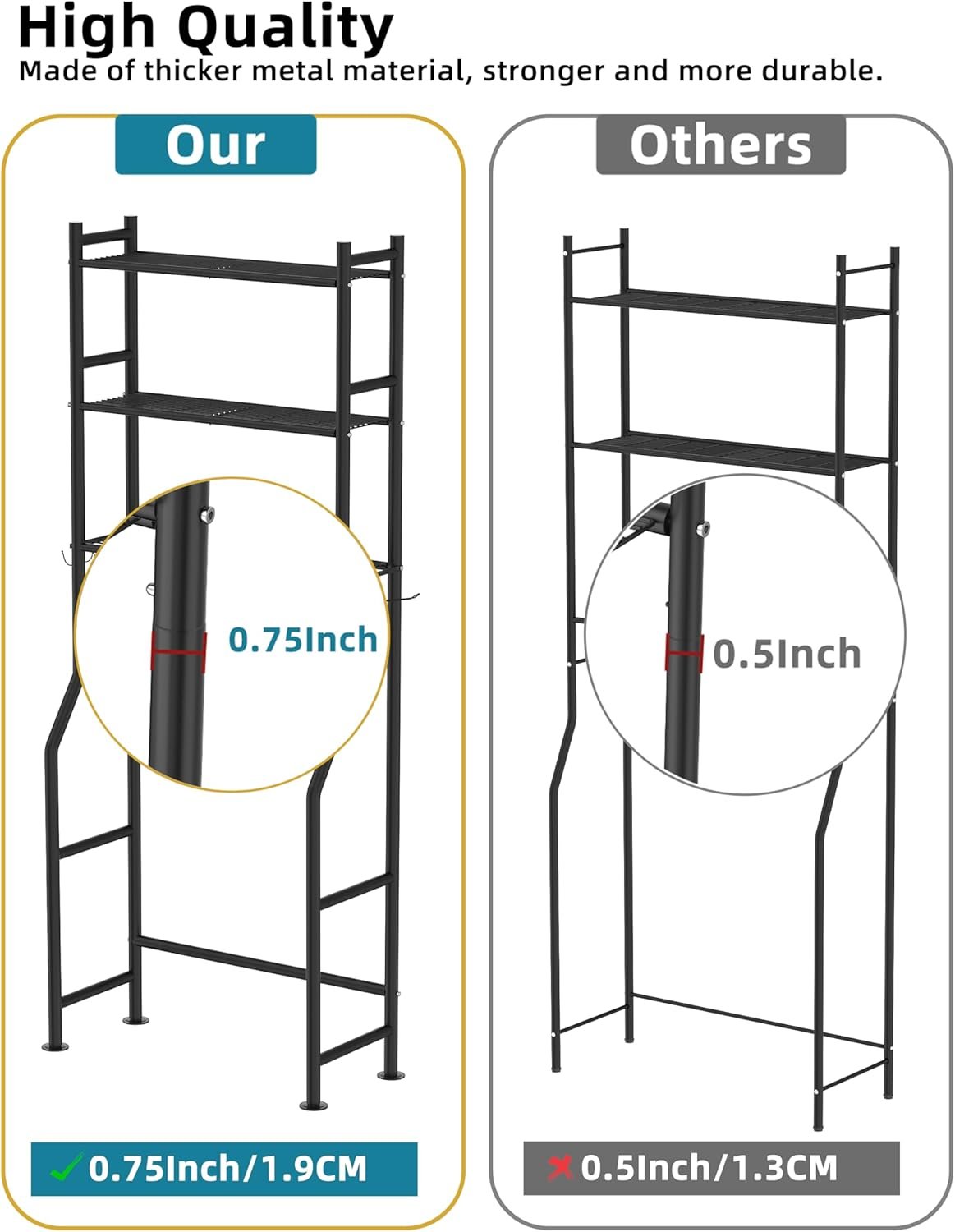 3-Tier Over The Toilet Storage, Freestanding Metal Bathroom Shelves with 4 Hooks, Over Toilet Storage Shelf with Paper Holder, Above The Toilet Shelf for Bathroom Storage, Black 6 3-Tier Over The Toilet Storage, Freestanding Metal Bathroom Shelves with 4 Hooks, Over Toilet Storage Shelf with Paper Holder, Above The Toilet Shelf for Bathroom Storage, Black - Image 6