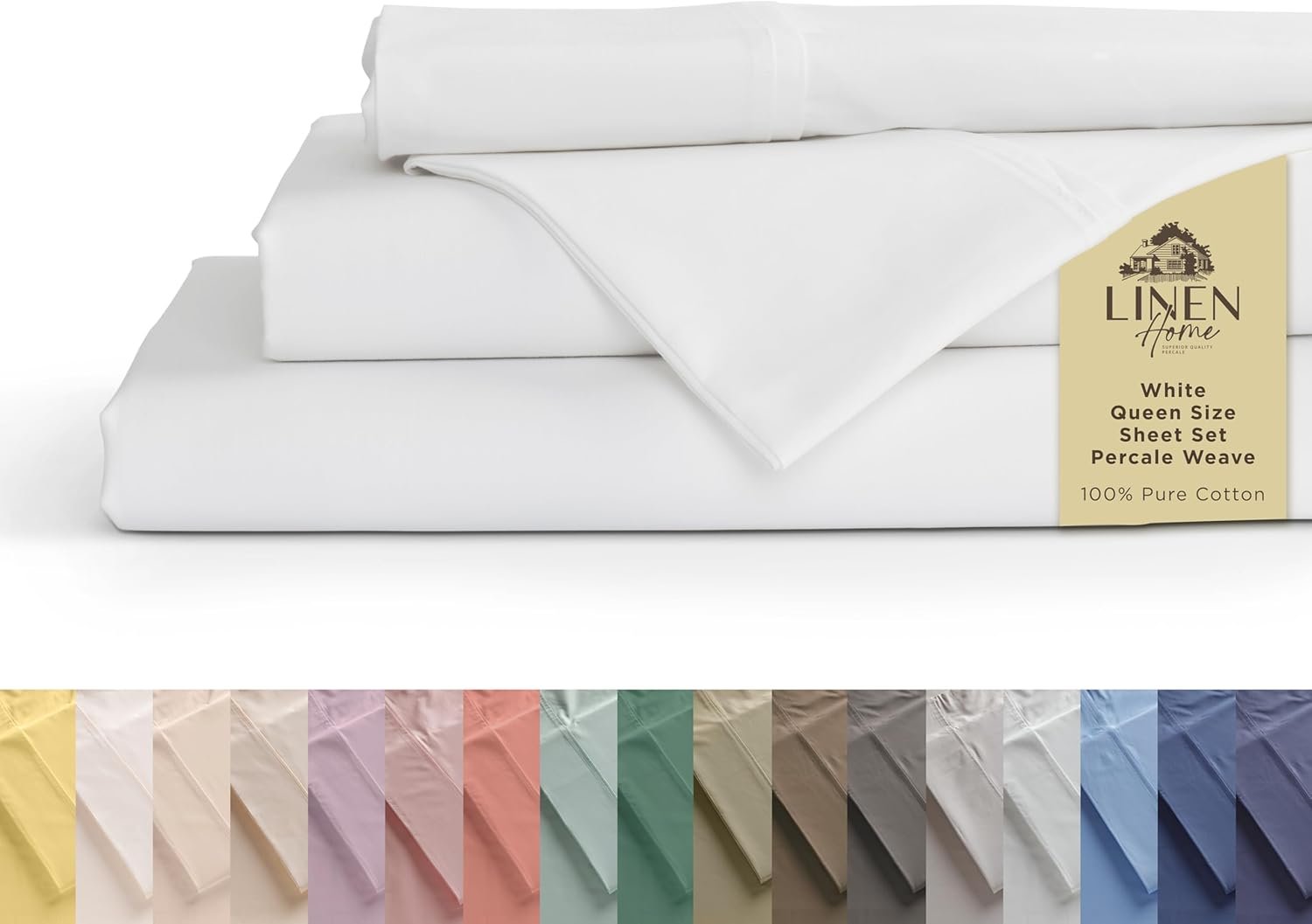 Linen Home 100% Cotton Percale Sheets Queen Size, White, Deep Pocket, 4 Pieces Set - 1 Flat, 1 Deep Pocket Fitted Sheet and 2 Pillowcases, Crisp Cool and Strong Bed Linen