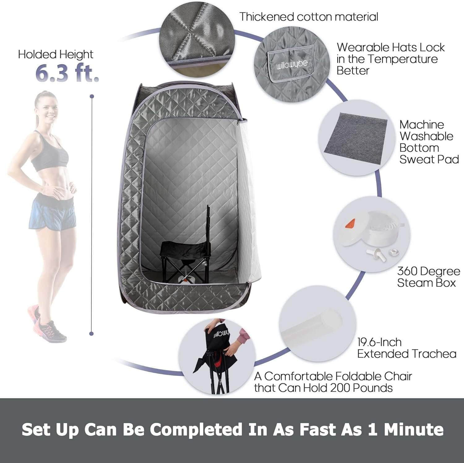 WillowyBe Portable Steam Sauna with Bluetooth Control, Steamer, Body Tent, Foldable Chair | Personal Home Spa 5 WillowyBe Portable Steam Sauna with Bluetooth Control, Steamer, Body Tent, Foldable Chair | Personal Home Spa - Image 5
