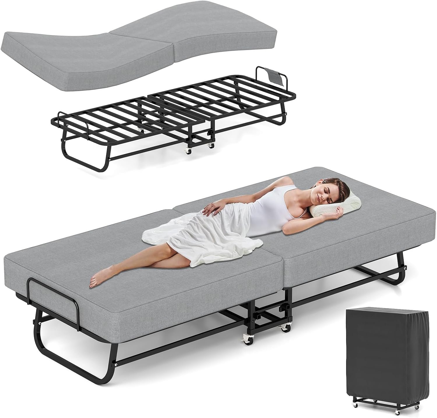 Folding Bed with Mattress, Portable Foldable Bed for Adults, Roll Away Bed Guest Bed on Wheels, Memory Foam Mattress and Metal Frame, Space Saving Fold Up Bed for Easy Storage, 75" x 31"