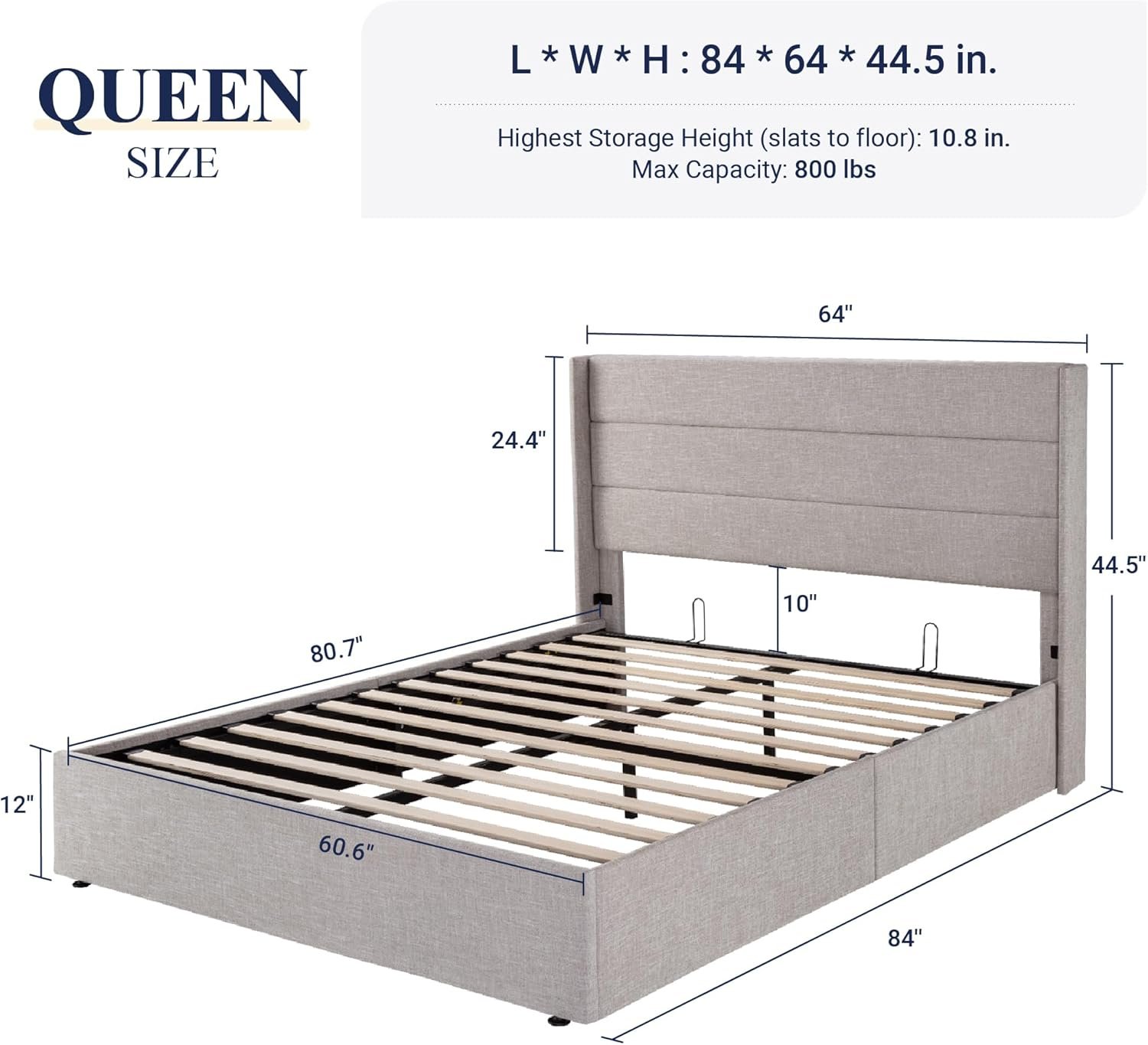Allewie Queen Size Lift Up Storage Bed, Modern Wingback Headboard, Hydraulic Support, No Box Spring Needed, Light Beige 2 Allewie Queen Size Lift Up Storage Bed, Modern Wingback Headboard, Hydraulic Support, No Box Spring Needed, Light Beige - Image 2