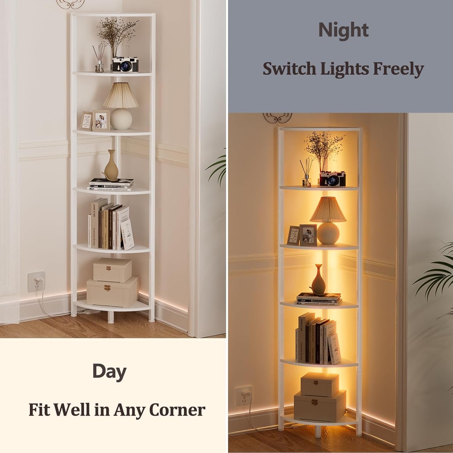 Furnulem 6 Tier Corner Shelf with LED Light, 67.5” Tall Standing Shelf Organizer, White Narrow Bookshelf with Storage Rack for Wall Corner, Living Room, Bedroom, Metal Frame, Wood Display Shelf 6 Furnulem 6 Tier Corner Shelf with LED Light, 67.5” Tall Standing Shelf Organizer, White Narrow Bookshelf with Storage Rack for Wall Corner, Living Room, Bedroom, Metal Frame, Wood Display Shelf - Image 6