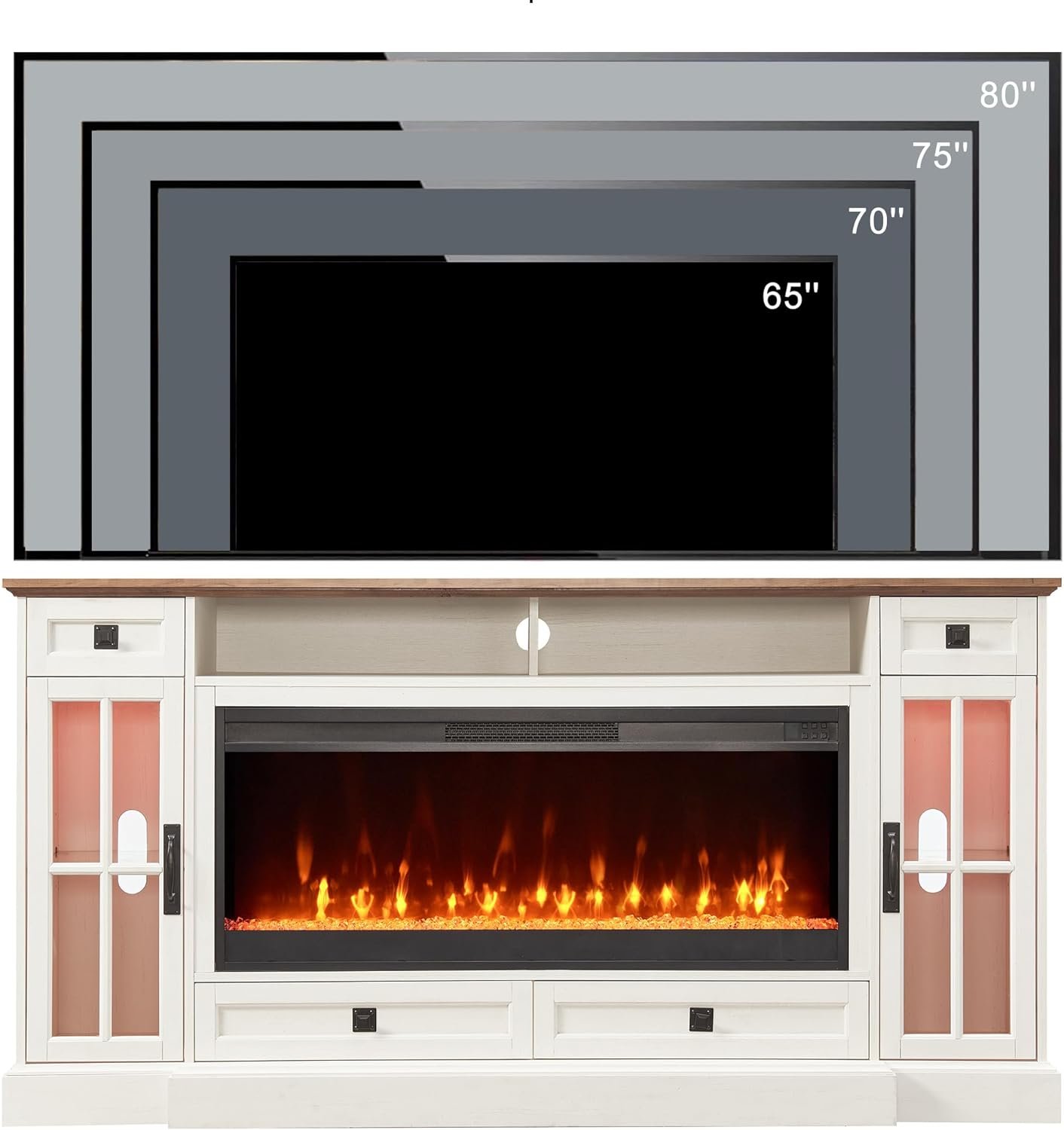 OKD Fireplace TV Stand for 80 Inch TV, Farmhouse Entertainment Center with 42" Fireplace & LED Lights, Modern Media Console Table with Storage Drawers & Cabinets for Living Room, Antique White 6 OKD Fireplace TV Stand for 80 Inch TV, Farmhouse Entertainment Center with 42" Fireplace & LED Lights, Modern Media Console Table with Storage Drawers & Cabinets for Living Room, Antique White - Image 6