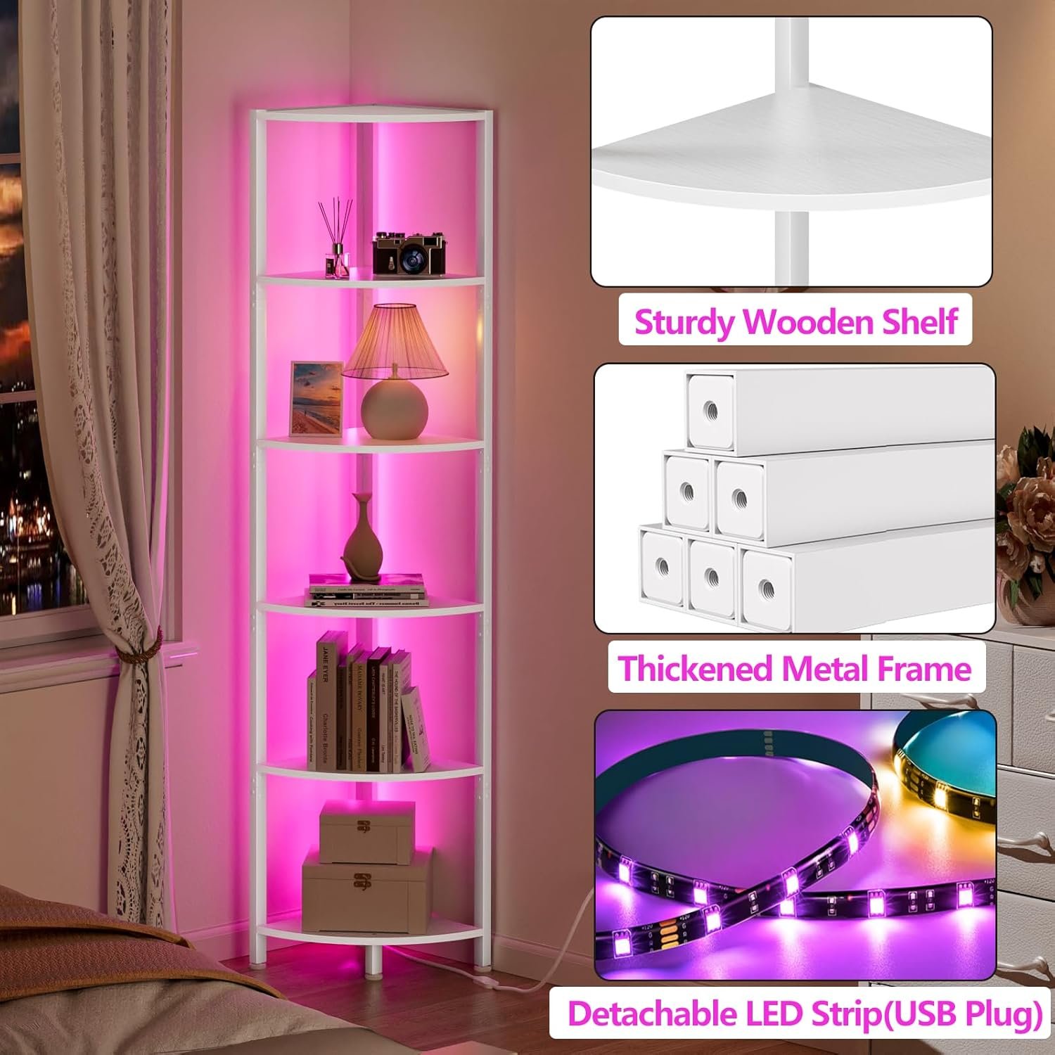 Furnulem 6 Tier Corner Shelf with LED Light, 67.5” Tall Standing Shelf Organizer, White Narrow Bookshelf with Storage Rack for Wall Corner, Living Room, Bedroom, Metal Frame, Wood Display Shelf 8 Furnulem 6 Tier Corner Shelf with LED Light, 67.5” Tall Standing Shelf Organizer, White Narrow Bookshelf with Storage Rack for Wall Corner, Living Room, Bedroom, Metal Frame, Wood Display Shelf - Image 8