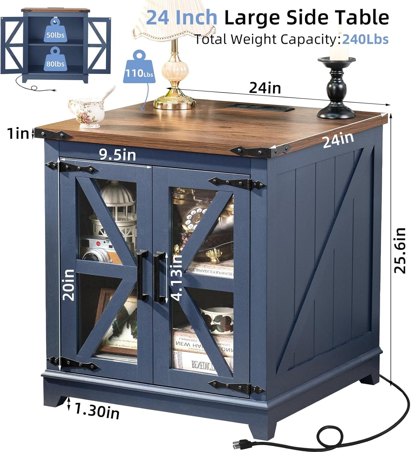 Farmhouse End Table with Charging Station Set 2, 24" Large Sofa Side Table with Glass Barn Door, Blue Nightstand with Adjustable Storage Shelf,Wood Square Bedside Table for Living Room,Bedroom 3 Farmhouse End Table with Charging Station Set 2, 24" Large Sofa Side Table with Glass Barn Door, Blue Nightstand with Adjustable Storage Shelf,Wood Square Bedside Table for Living Room,Bedroom - Image 3