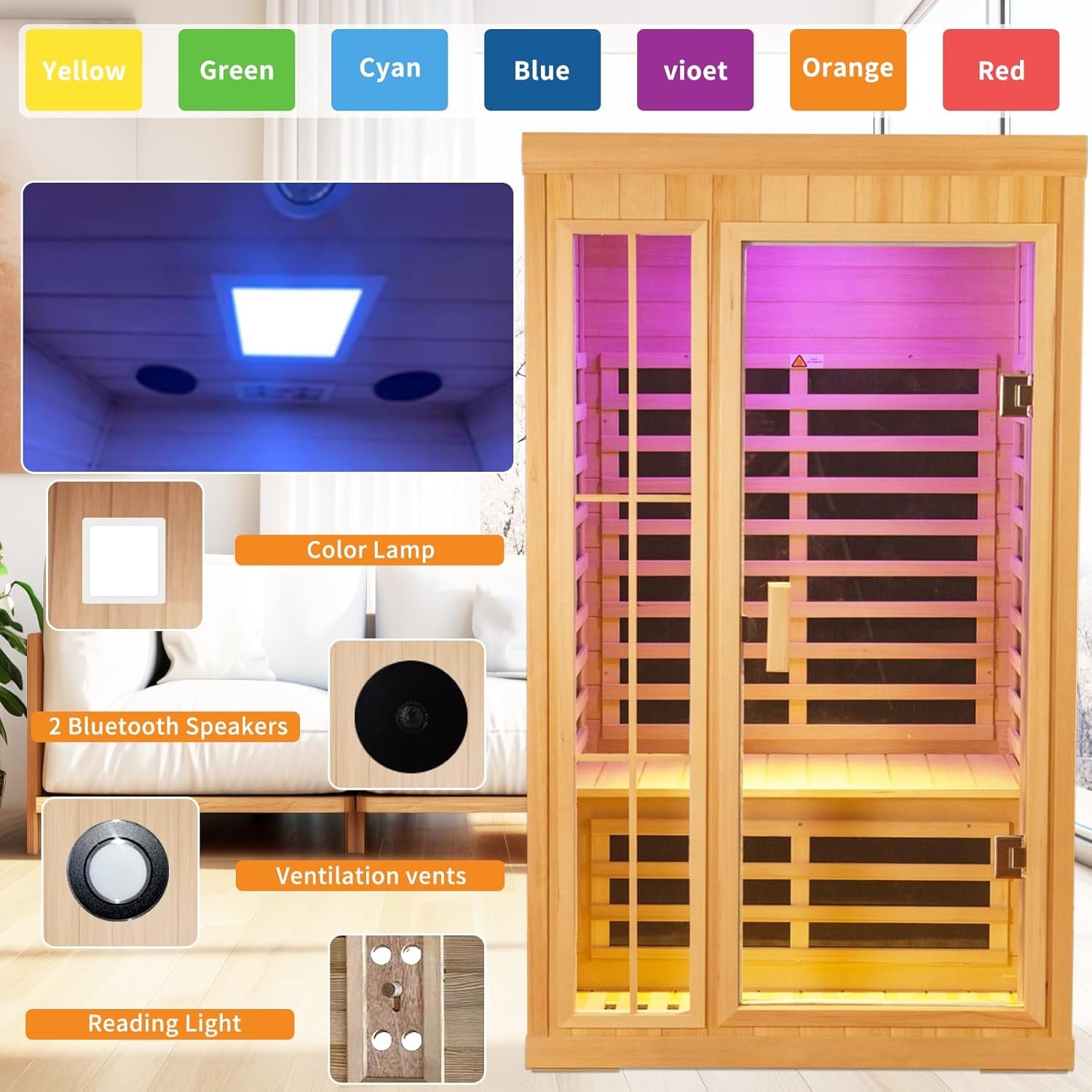 1 to 2 Person Infrared Sauna,Hemlock Wood Low EMF FAR Dry Sauna Indoor Saunas for The Home, with Colored Lights 1350W,Room:75.59 * 35.82 * 40Inch 4 1 to 2 Person Infrared Sauna,Hemlock Wood Low EMF FAR Dry Sauna Indoor Saunas for The Home, with Colored Lights 1350W,Room:75.59 * 35.82 * 40Inch - Image 4