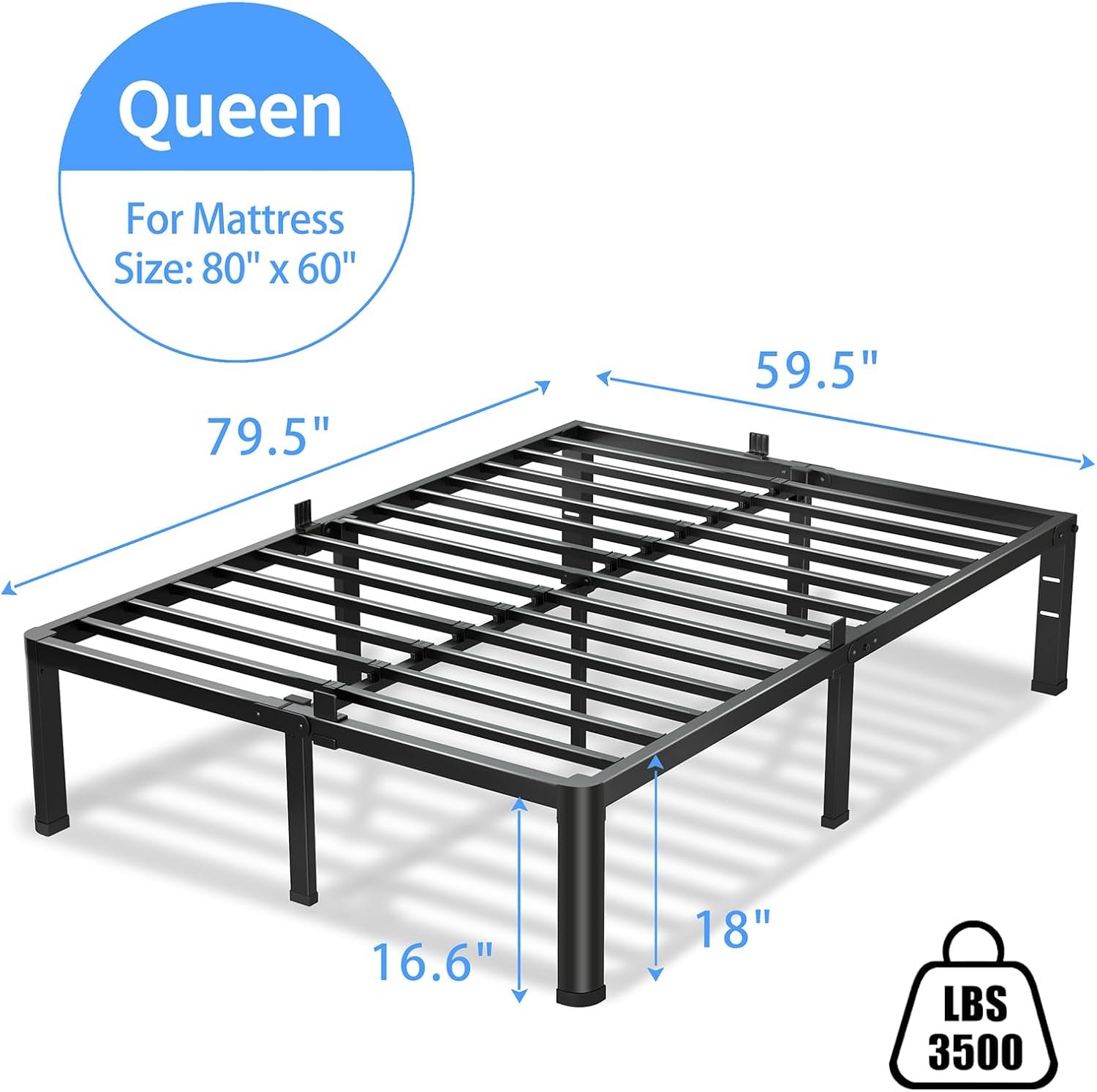 18 Inch Queen Bed Frame, 3500Lbs Heavy Duty Metal Platform with Round Corner Legs Mattress Slide Stopper, Steel Slat Support No Box Spring Needed, Noise Free, Non-Slip, Easy Assembly 3 18 Inch Queen Bed Frame, 3500Lbs Heavy Duty Metal Platform with Round Corner Legs Mattress Slide Stopper, Steel Slat Support No Box Spring Needed, Noise Free, Non-Slip, Easy Assembly - Image 3