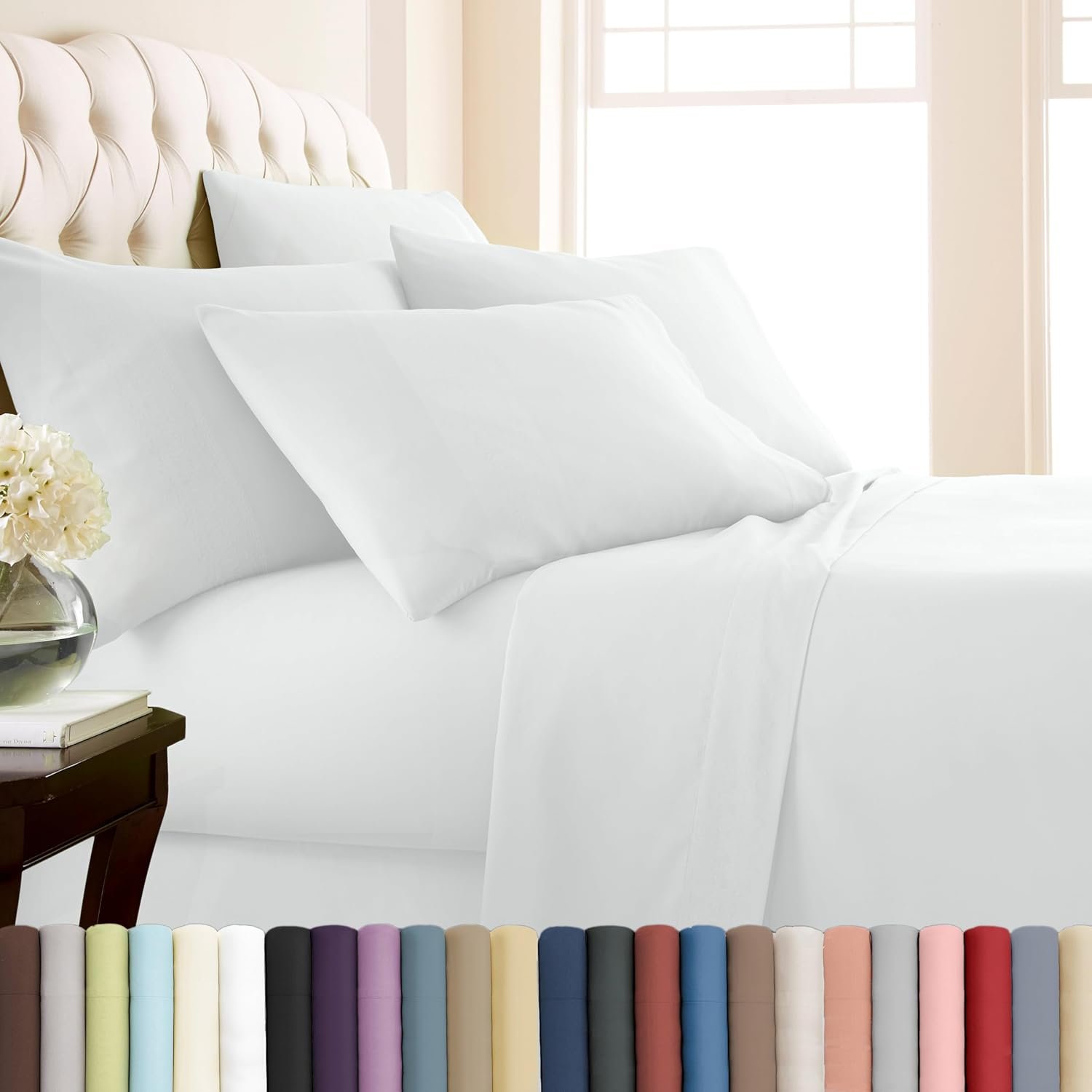 Southshore Fine Living, Inc. 6-Piece White Sheets, Queen Size Set, 21-Inch Deep Pocket Queen Sheets Set with Deep Pocket Fitted Sheet, Oversized Flat Sheet, 4 Standard Pillowcases, White
